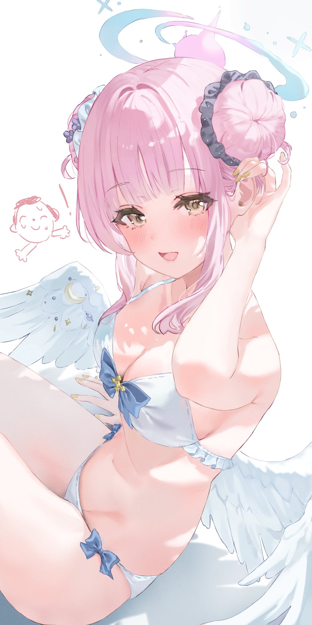 Anime 1000x2000 anime anime girls Misono Mika Blue Archive Shaffelli portrait display looking at viewer wings anime girl with wings hairbun blushing open mouth bikini cleavage hands in hair twin buns boobs Sensei (Blue Archive) doodle white background minimalism painted nails gold nails