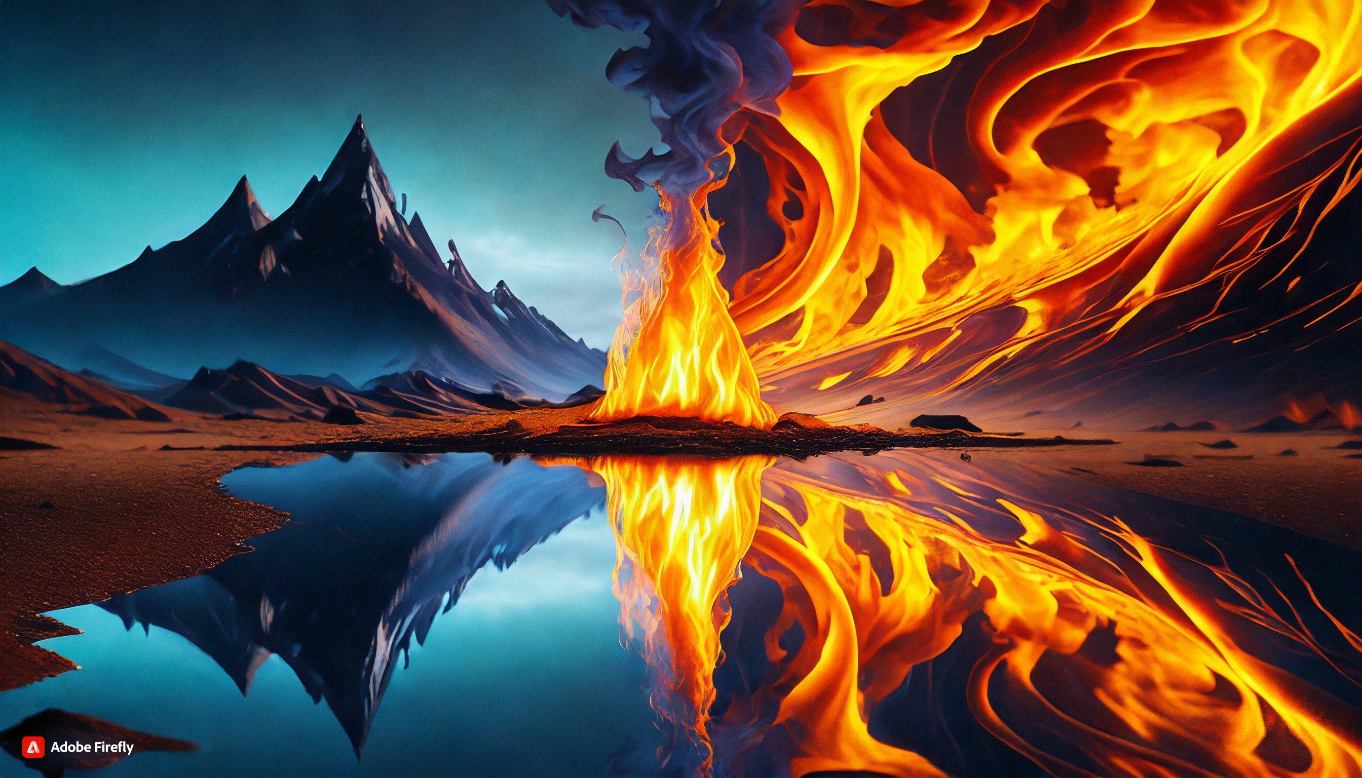 General 2688x1536 Fire and Ice graphic design art of nocula AI art digital art reflection watermarked mountains fire water sky