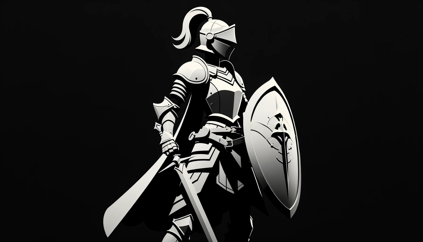 General 1792x1024 Dungeons & Dragons Knight (Dungeon and Fighter) minimalism digital art simple background AI art armor shield cape sword helmet soldier black background