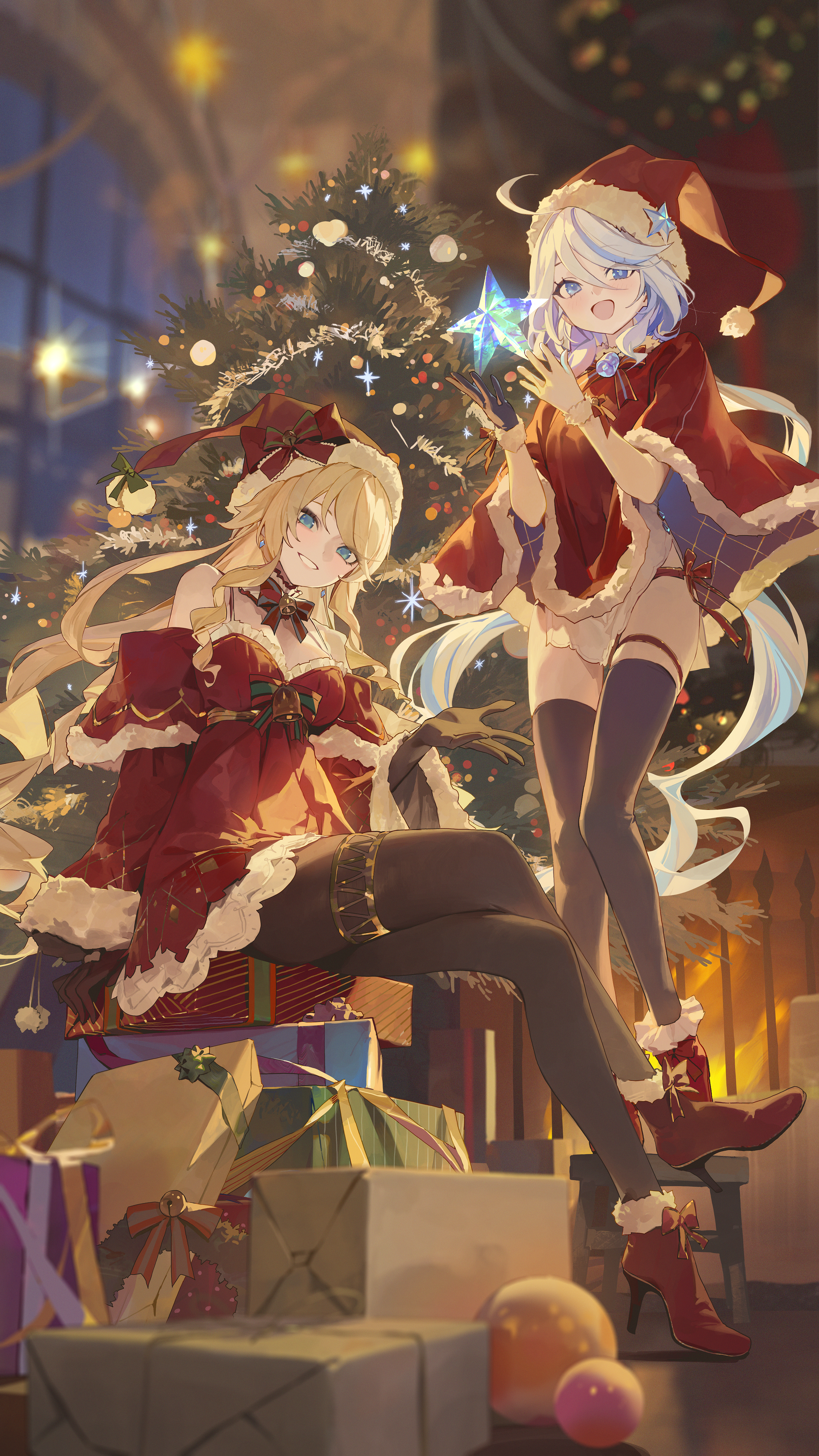 Anime 2700x4800 anime anime girls Furina (Genshin Impact) Navia (Genshin Impact) legs crossed Christmas tree Santa hats Mossi (artist) Genshin Impact Christmas ahoge Christmas clothes indoors women indoors hat Christmas ornaments  Christmas presents sitting standing fireplace stockings pantyhose black stockings gloves mismatched gloves bells bow tie black gloves bare shoulders smiling detached sleeves cape mismatched pupils stars open mouth two tone hair hair between eyes lights blonde blue eyes blue hair portrait display