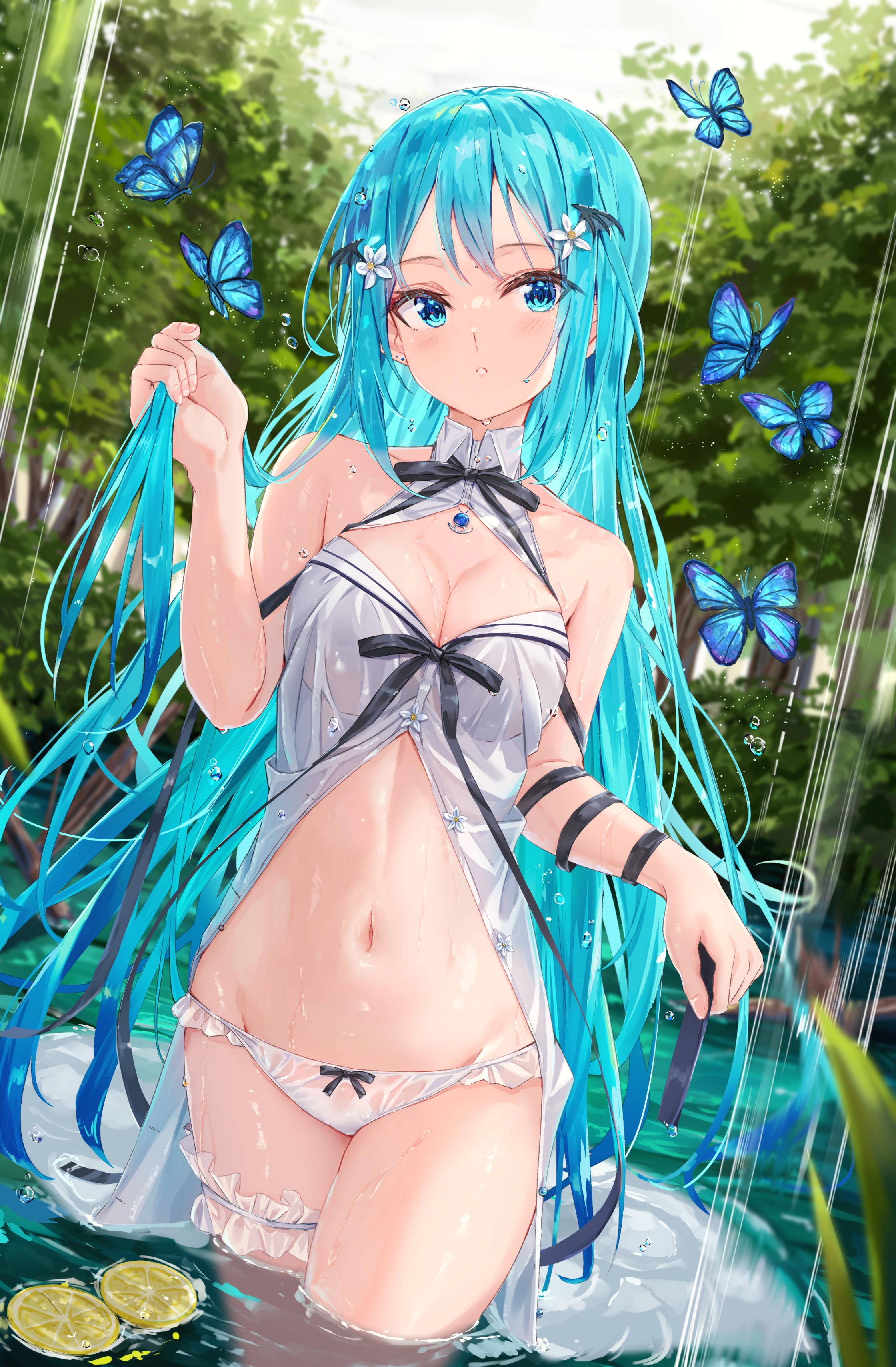 Anime 2240x3418 anime girls portrait display water standing in water turquoise hair blue eyes looking at viewer panties white underwear thighs white panties butterfly waterfall blue butterflies see-through clothing dress wet clothing big boobs flower in hair long hair hair ornament blushing water drops parted lips unbuttoned thigh strap blurry background forest lemon (fruit) wet body cleavage depth of field cleavage cutout leaves Na Kyo women outdoors white dress wet hair bare shoulders trees
