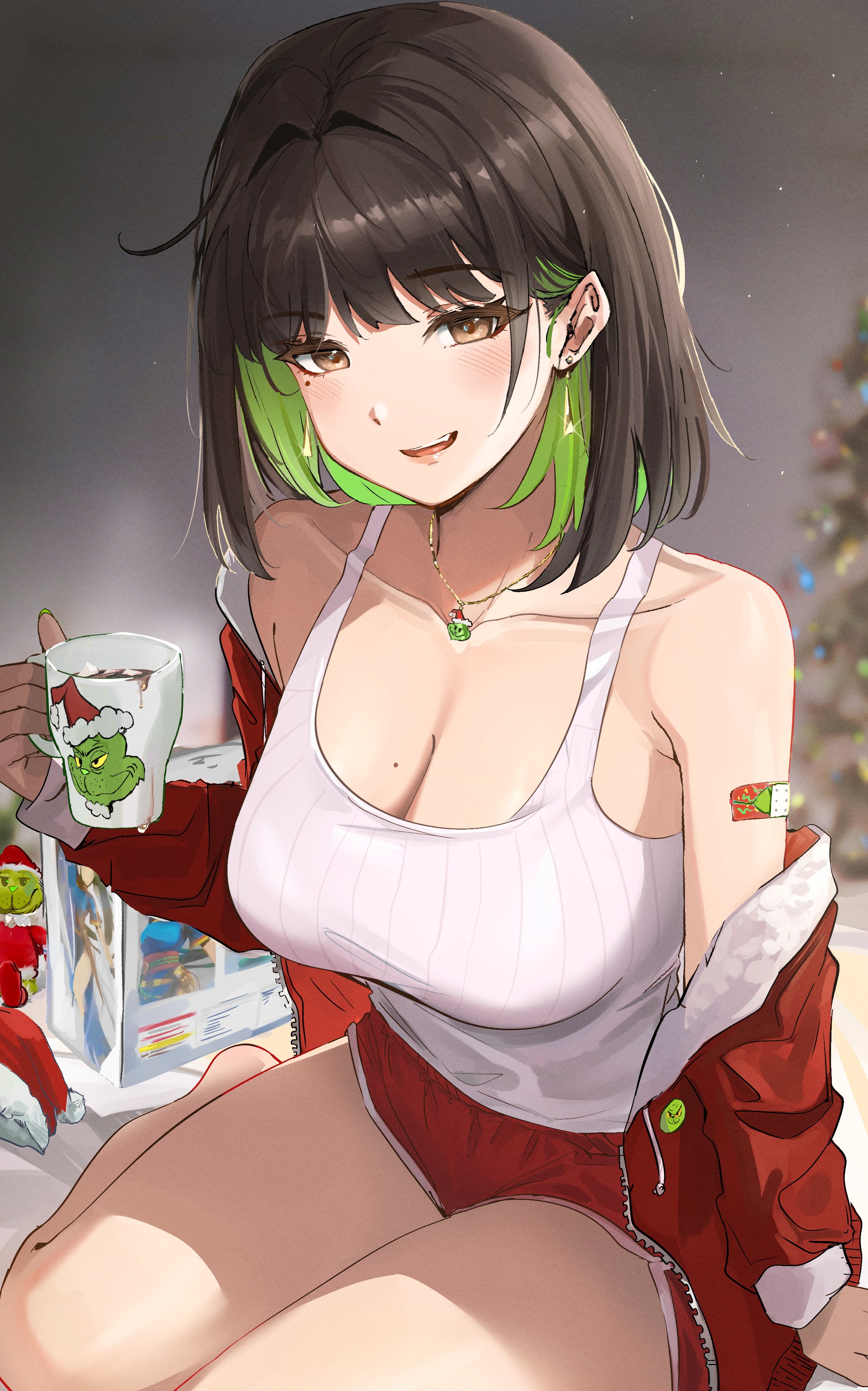 Anime 2281x3655 anime anime girls original characters two tone hair brown eyes cleavage big boobs tank top short shorts moles mole on breast mole under eye cup necklace earring Band-Aid thighs Ormille portrait display The Grinch blushing open mouth Hot Cocoa jacket white tank top red shorts red jackets shoulder length hair drink smiling off shoulder bare shoulders collarbone open jacket short hair
