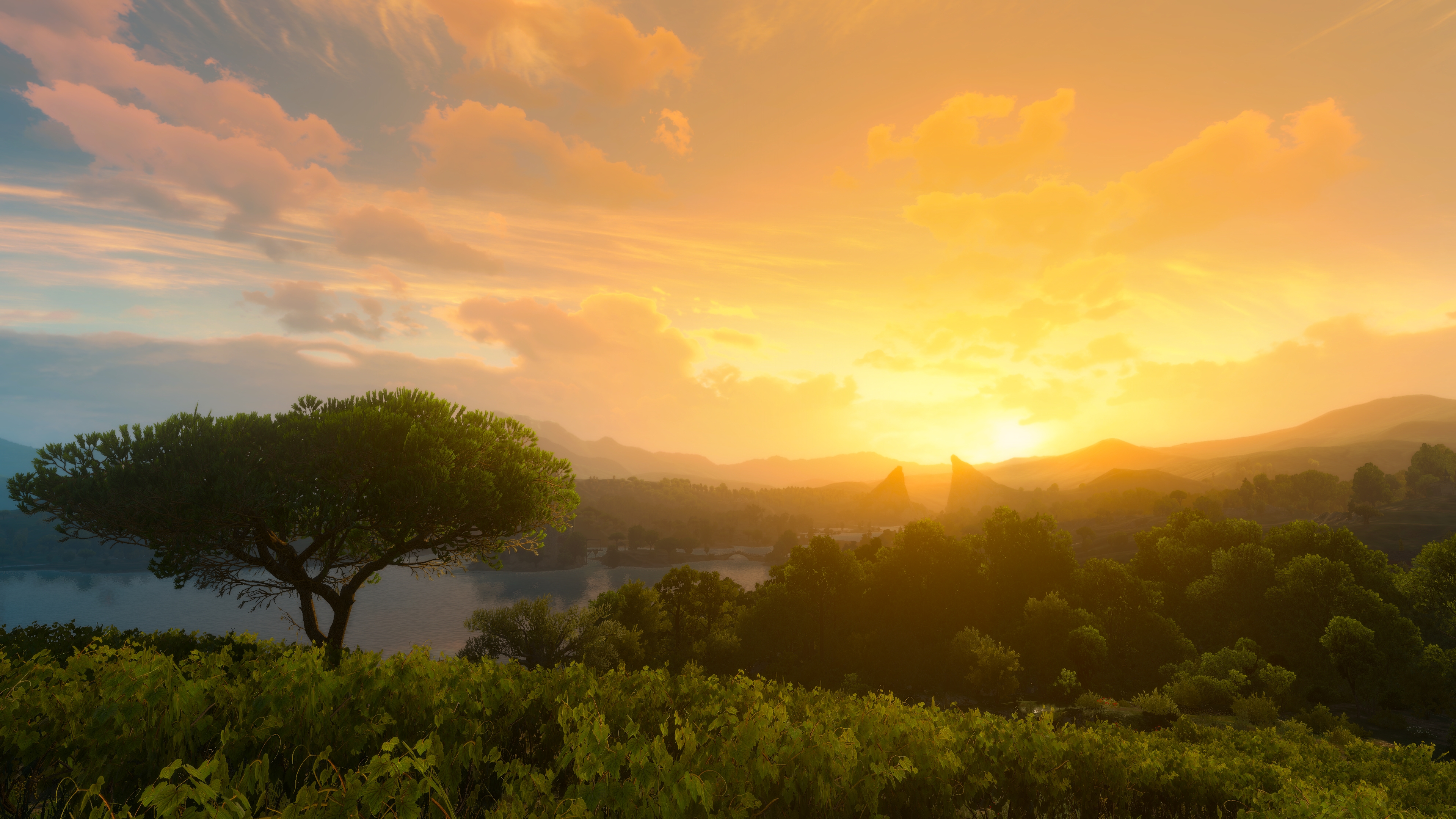 General 3840x2160 The Witcher 3: Wild Hunt PC gaming video games The Witcher 3: Wild Hunt - Blood and Wine landscape dawn trees tussent clouds video game art screen shot water sky reflection sunset sunset glow sunlight