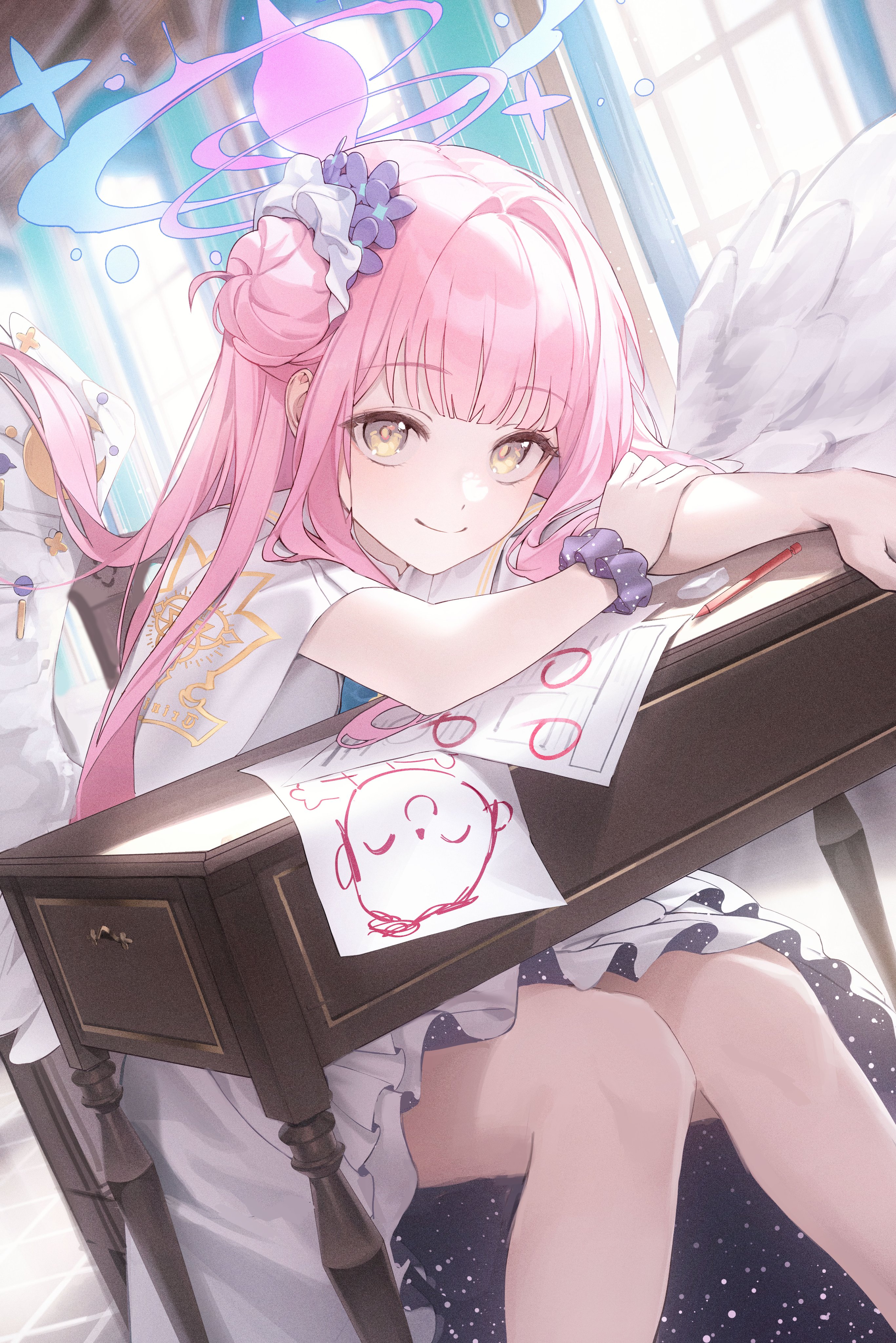 Anime 2733x4096 anime anime girls Blue Archive Misono Mika pink hair Lota_5024 portrait display yellow eyes desk paper wings looking at viewer smiling closed mouth hairbun flower in hair dress blunt bangs long hair sunlight chair wood indoors women indoors Eraser bangs frills
