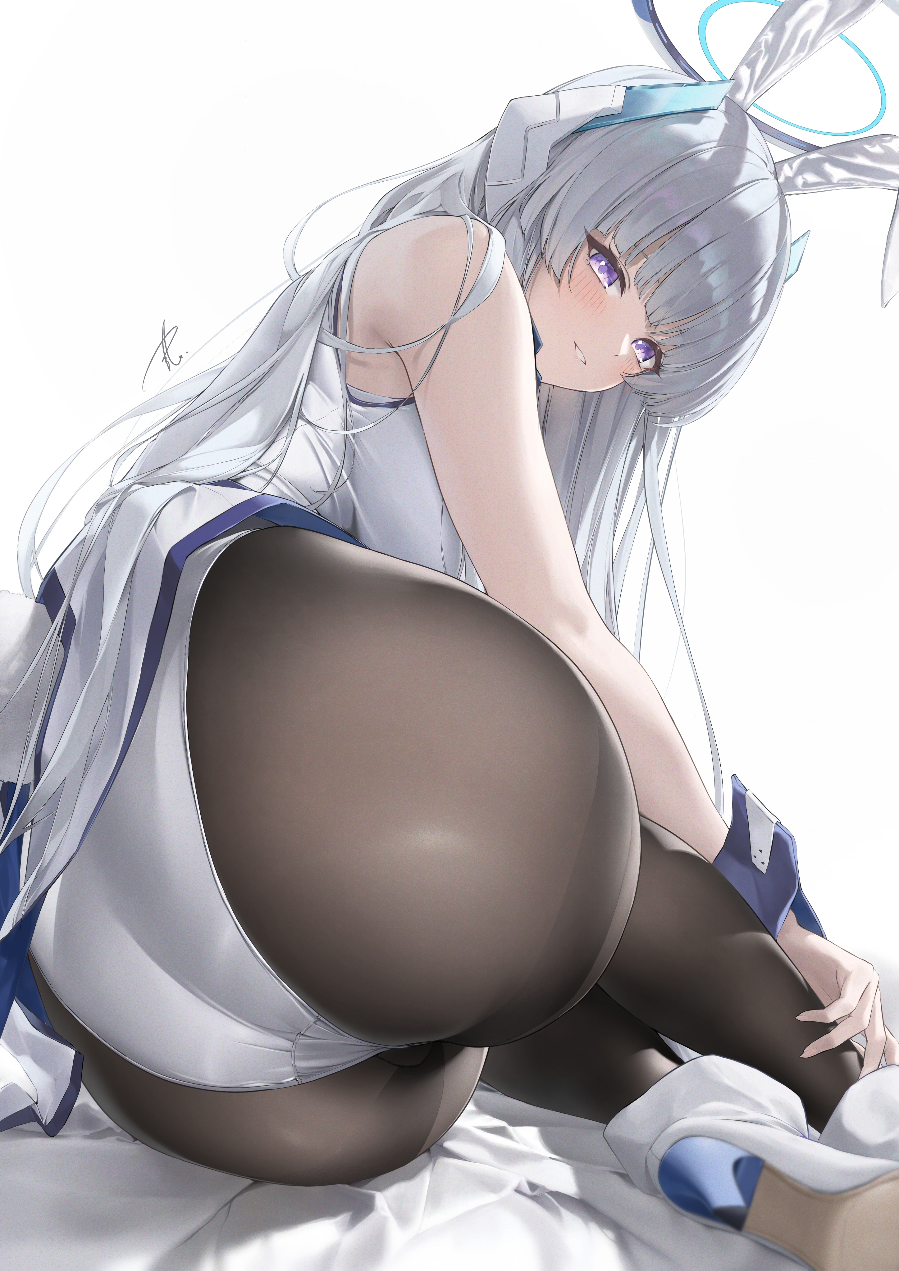 Anime 2894x4093 Blue Archive looking back portrait display thick ass Ushio Noa boots simple background ass white background sitting white leotard pantyhose black pantyhose leotard big boobs booty scoop animal ears purple eyes parted lips ankle boots bunny suit bunny girl looking at viewer heels signature blunt bangs long hair white jacket open jacket smiling closeup anime girls blushing white sheets Yabacha tight clothing gray hair bare shoulders