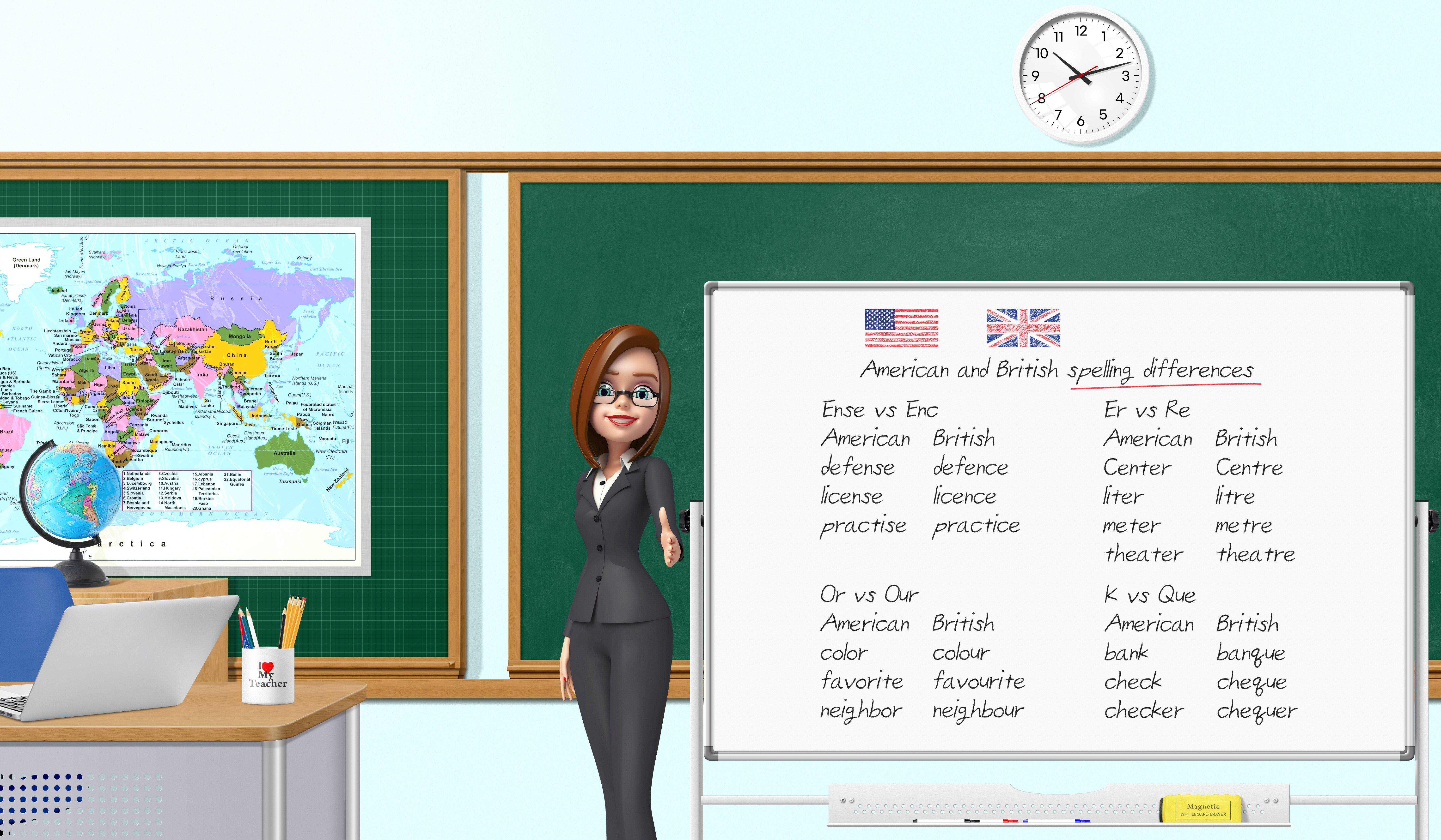 General 6000x3500 teachers classroom typography map text clocks time looking at viewer standing shoulder length hair cup white boots globes laptop pencils desk American flag British flag Eraser red lipstick lipstick smiling teeth chalkboard digital art