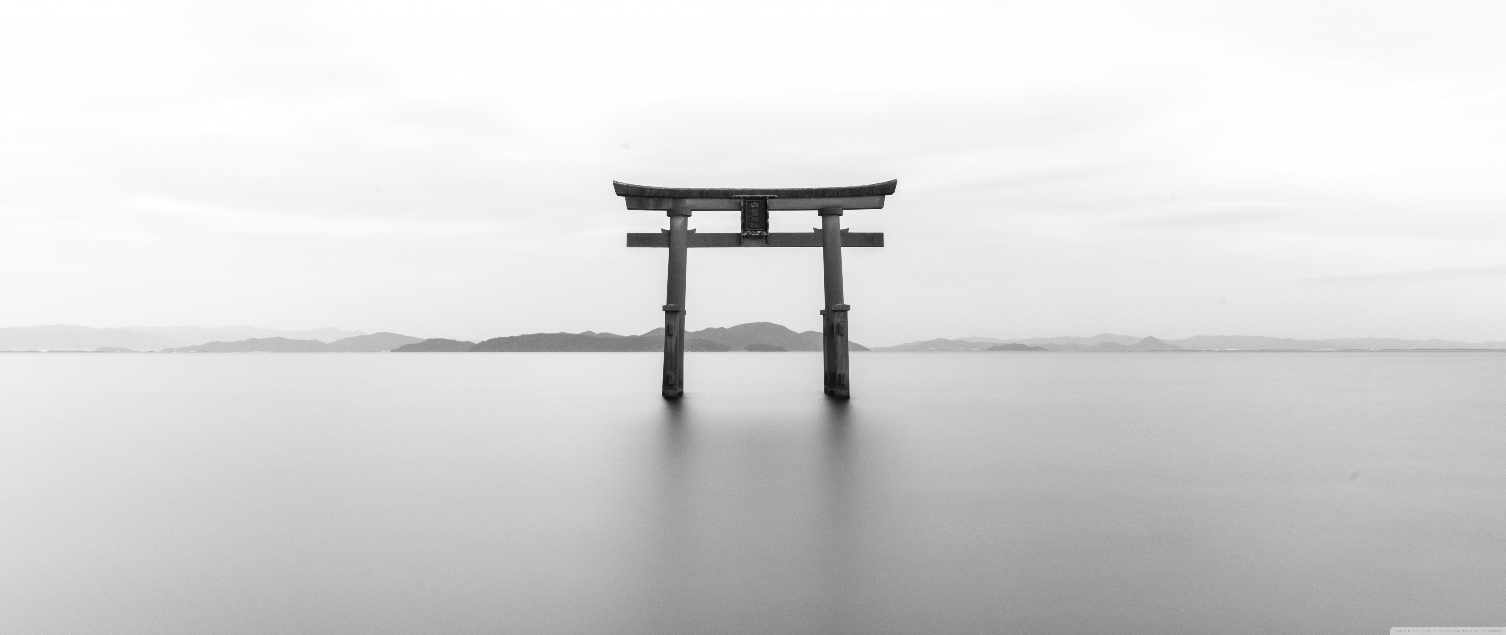 General 5120x2160 white torii hazy calm waters monochrome outdoors sky water sea overcast clouds