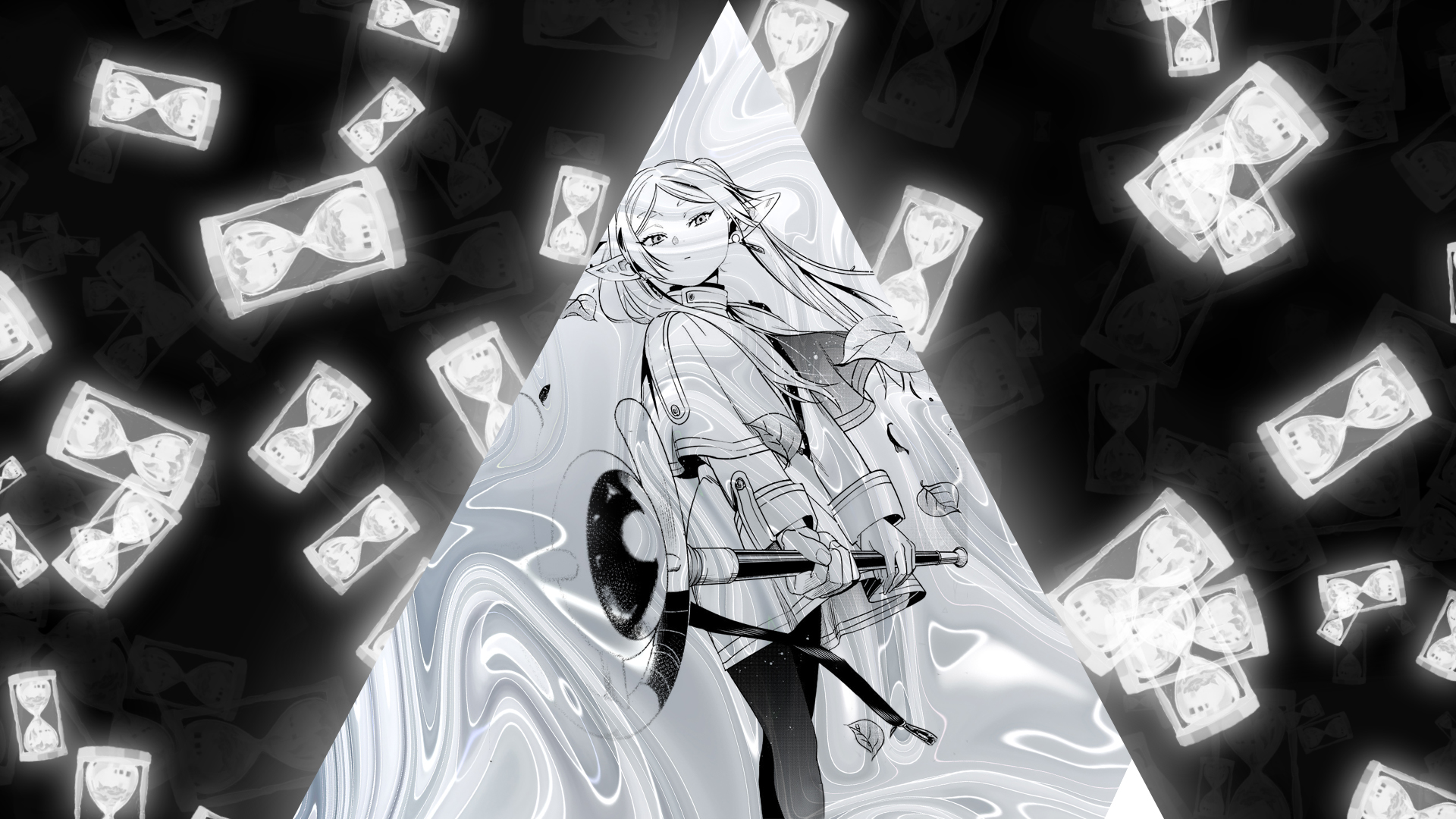 Anime 1920x1080 Frieren Sousou No Frieren anime anime girls white triangle abstract hourglasses manga wizard ponytail pointy ears looking at viewer twintails staff monochrome closed mouth earring long hair minimalism digital art