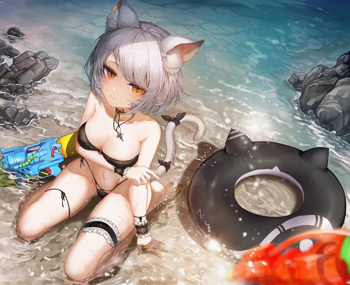 Anime 1475x1200 Yaomiaomiao black bikinis animal ears looking up looking at viewer beach women on beach floater women outdoors thighs big boobs holding boobs arm support orange eyes cat ears closed mouth high angle necklace bare shoulders tail cat tail white hair thigh strap waves black swimsuit gun water guns cleavage wrist cuffs foot sole kneeling wet body water drops water anime anime girls short hair collarbone leg garter outdoors