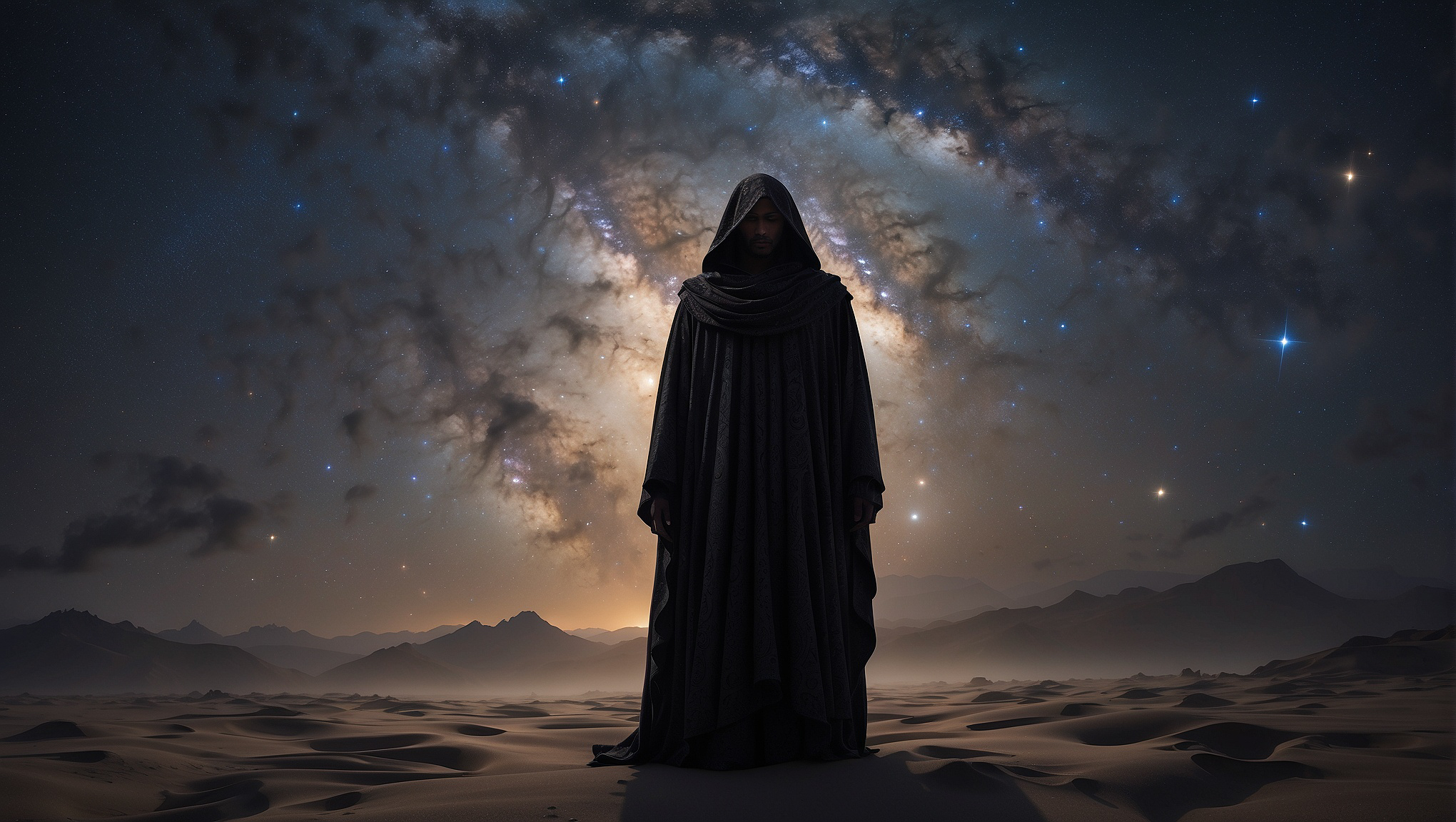 General 2040x1152 AI art digital art science fiction Jedi galaxy desert sky stars hoods sand standing looking at viewer closed mouth hills