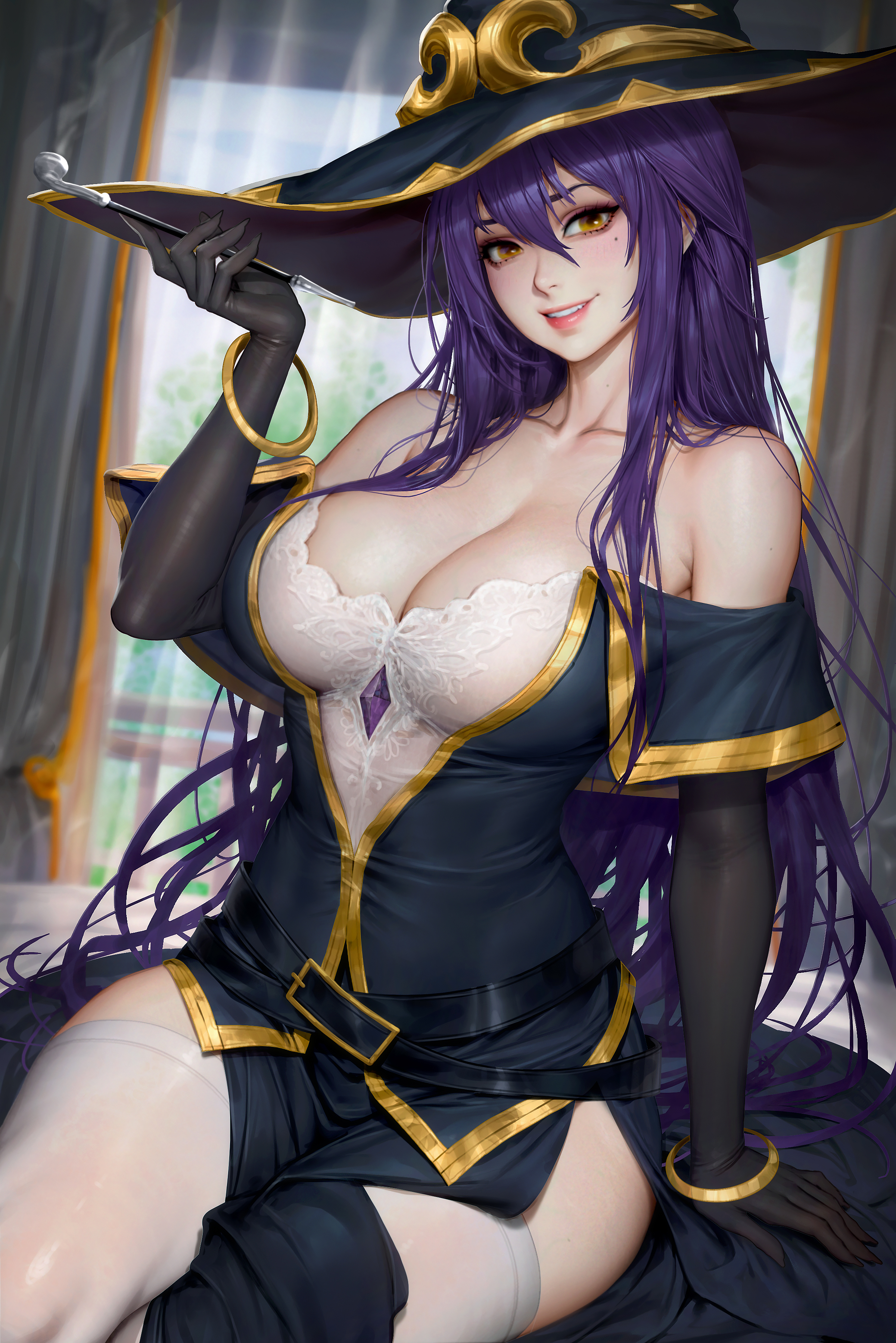 Anime 2400x3597 Witch (Goblin Slayer) Goblin Slayer anime anime girls witch hat artwork drawing 2D NeoArtCorE (artist) thighs together sitting white thigh highs peeking cleavage long hair purple hair straight hair hair between eyes boobs looking at viewer window indoors women indoors gold bracelet arm support mole under eye smiling gloves blurry background bare shoulders bed huge breasts in bed portrait display teeth fan art