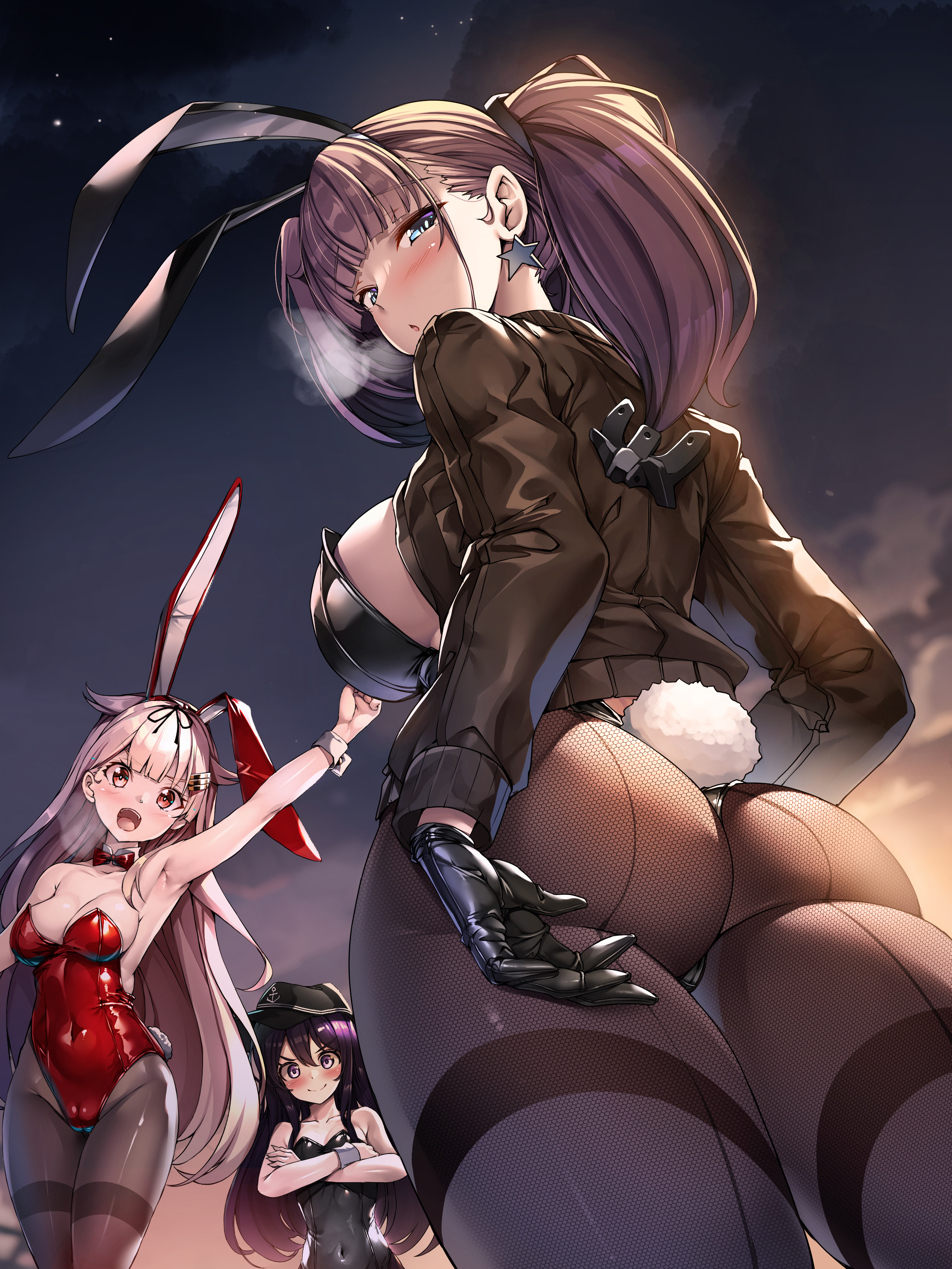 Anime 2400x3200 Kantai Collection fishnet portrait display sideboob Akatsuki (KanColle) night Atlanta (KanColle) no bra Yuudachi (KanColle) tail group of women blushing women trio bunny suit huge breasts bunny girl bunny ears black gloves pantyhose arms crossed looking at viewer boobs one arm up brown jacket open mouth red leotard black leotard bunny tail low-angle starry night starred sky parted lips fishnet pantyhose sky Torisan hair ornament Military Hat cameltoe armpits long sleeves ass thighs hat anime hair between eyes anime girls standing