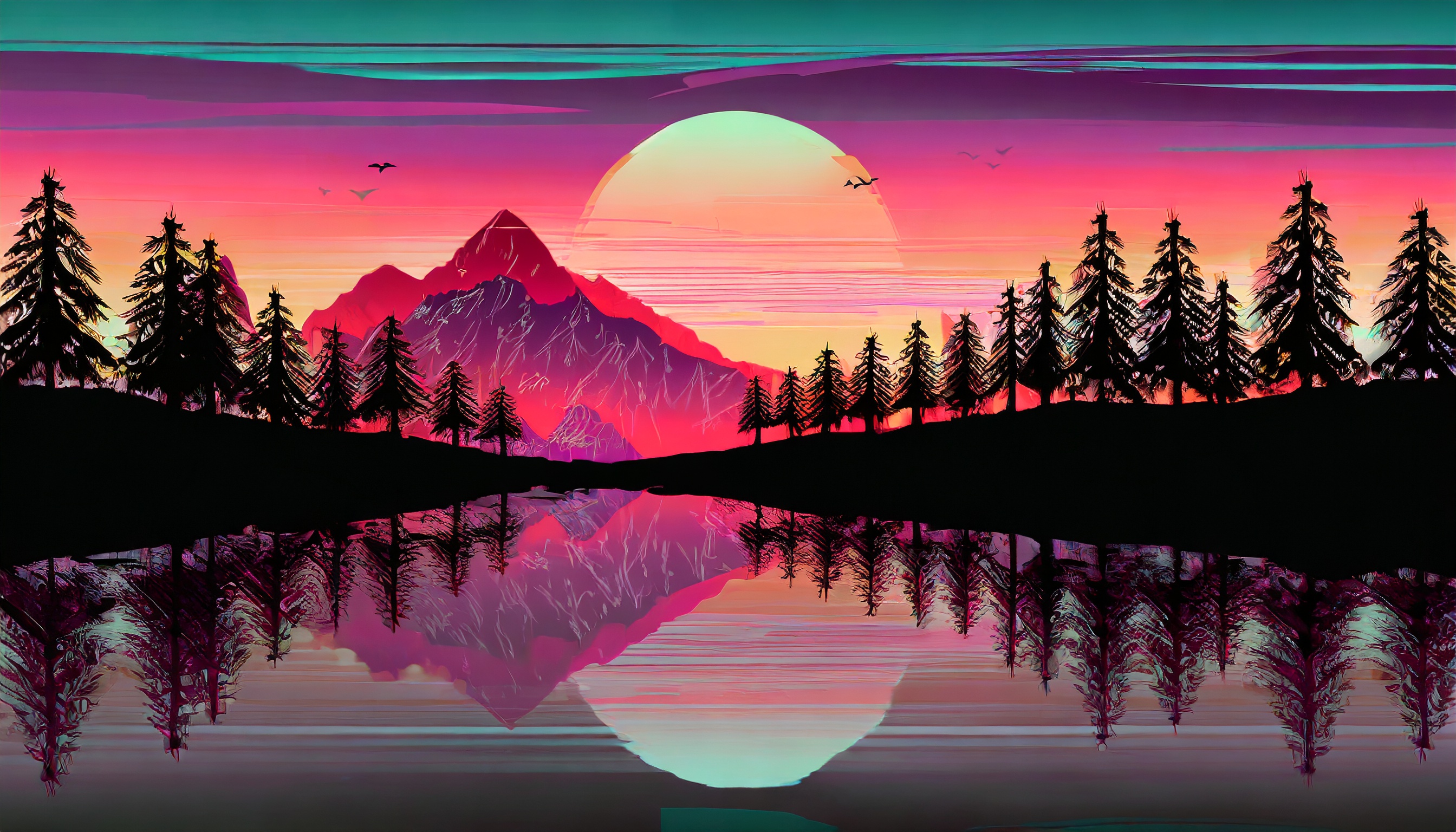 General 2688x1536 AI art digital art vaporwave synthwave sunset sunrise mountains reflection sunset glow trees nature sky Sun silhouette water
