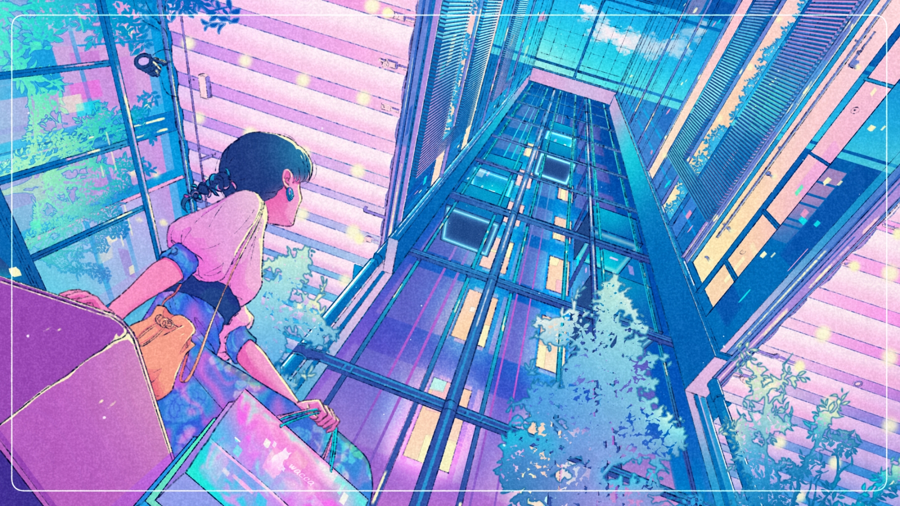 Anime 1800x1013 anime anime girls looking up building earring sitting purse dress lights clouds sky Wacca interior short hair