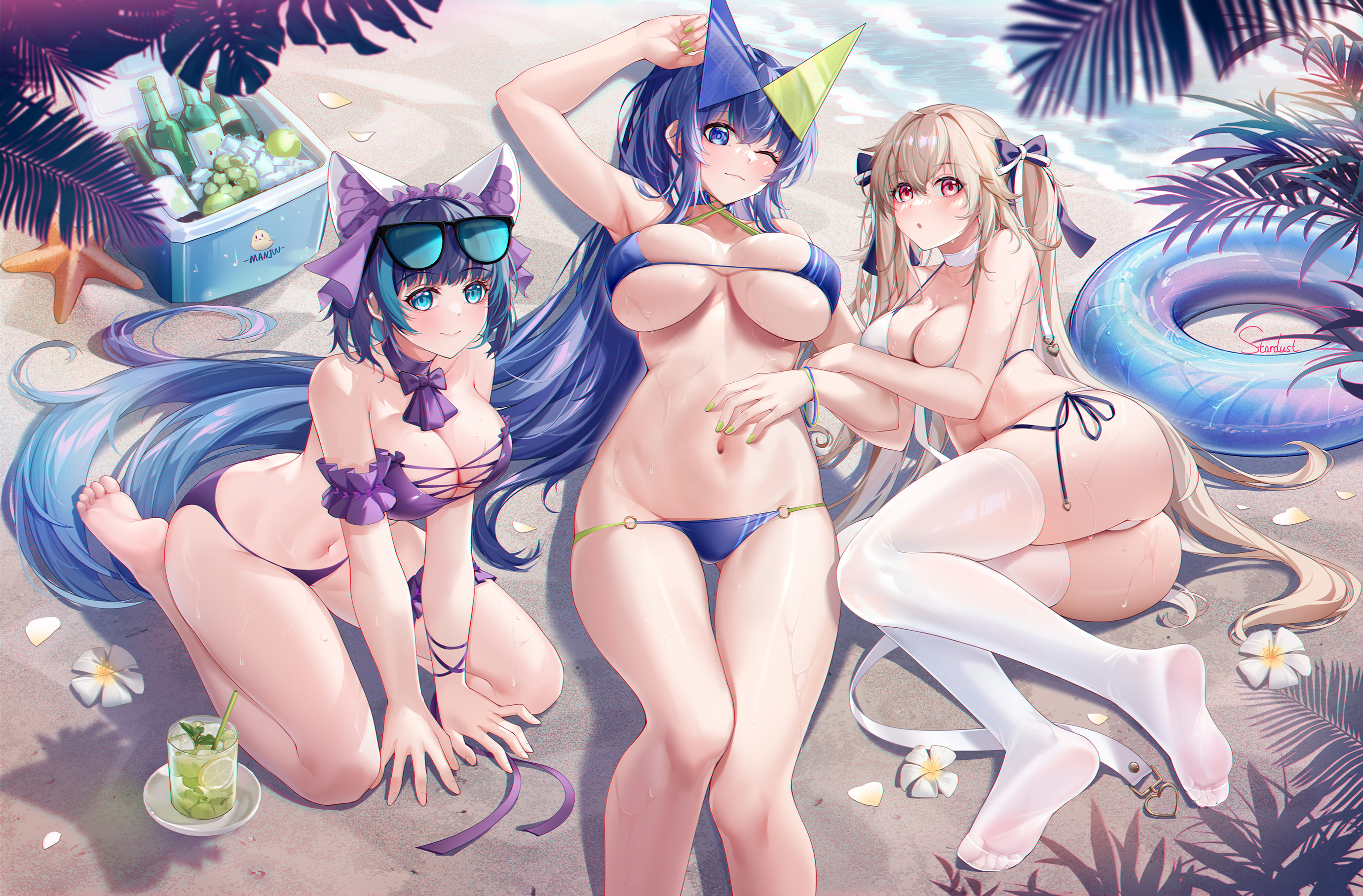 Anime 2762x1817 Azur Lane group of women Anchorage (Azur Lane) ass Cheshire (Azur Lane) legs New Jersey (Azur Lane) women women on beach lying on beach bikini string bikini animal ears cat ears looking at viewer hair ornament beach Stardust (artist) floater women trio high angle purple bikini blue bikini white bikini stockings white stockings petals flowers belly button long hair lying down lying on side kneeling sunglasses leaves water wet body one eye closed wink blushing big boobs cleavage signature starfish cocktails armpits thighs sand swimwear twintails foot sole barefoot toes sea