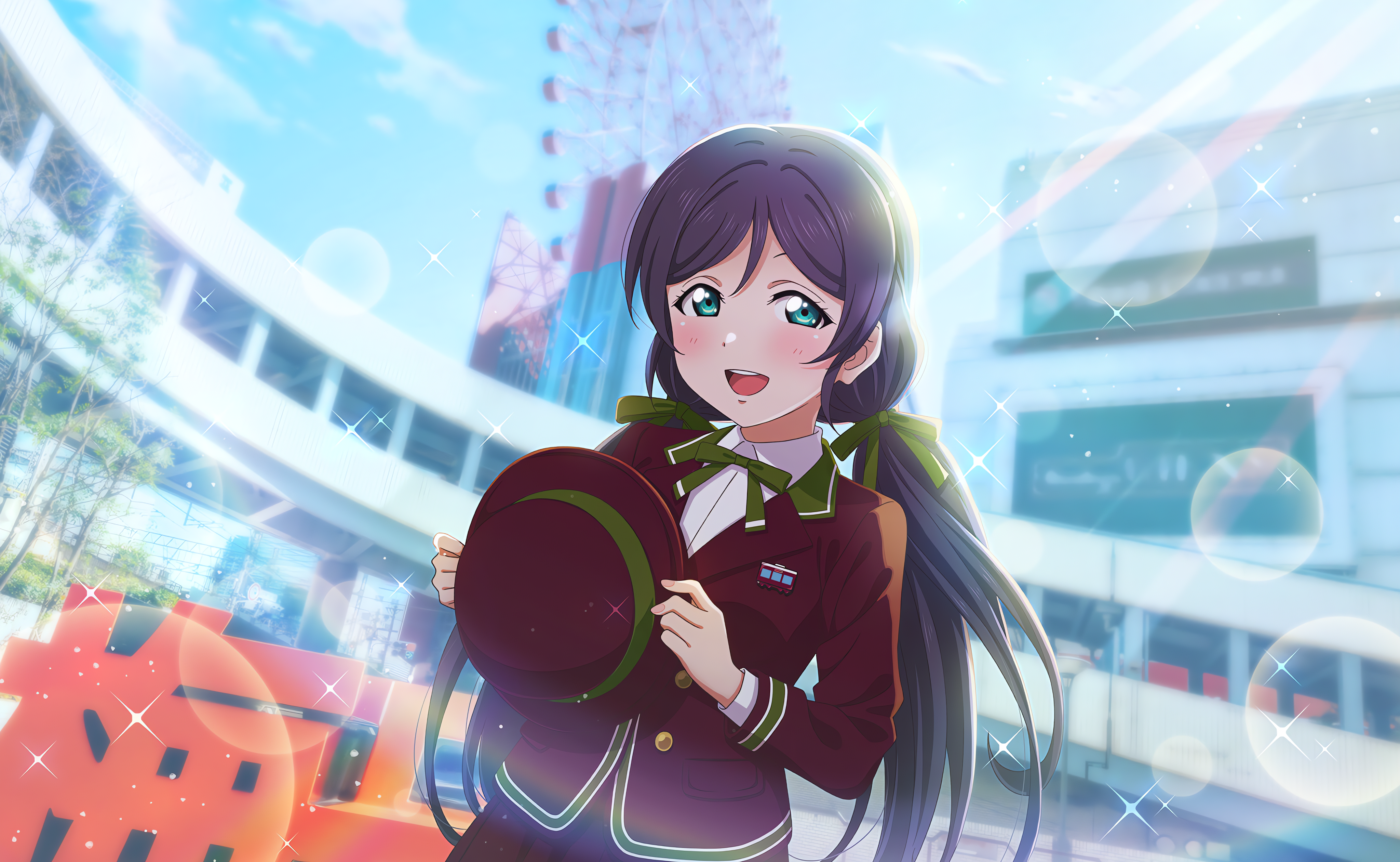 Anime 4096x2520 Toujou Nozomi Love Live! anime anime girls long hair hat schoolgirl school uniform blushing looking at viewer stars sunlight building ferris wheel bow tie standing twintails