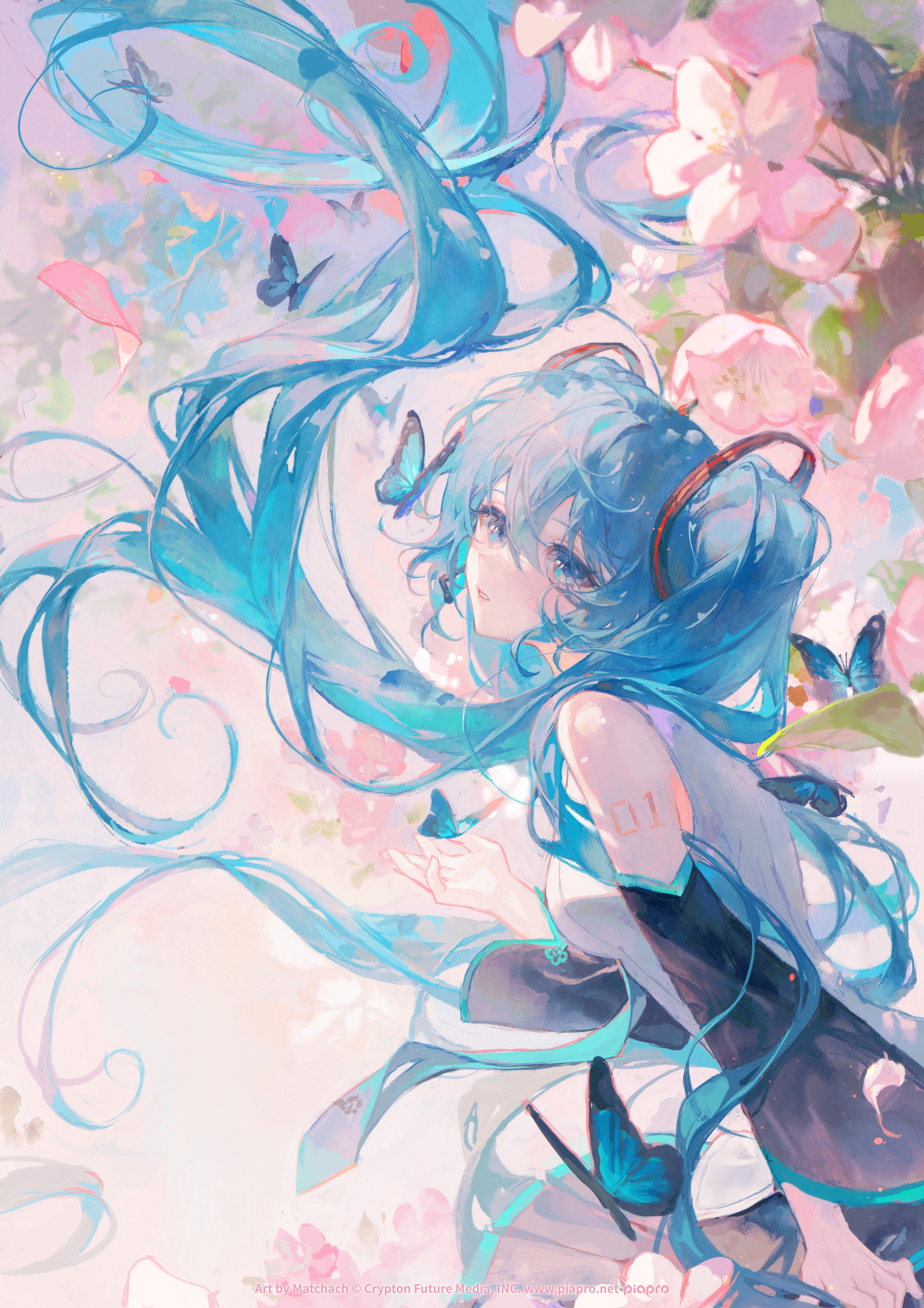 Anime 2480x3508 Maccha anime anime girls portrait display Vocaloid Hatsune Miku twintails butterfly blue hair blue eyes looking at viewer uniform flowers long hair petals