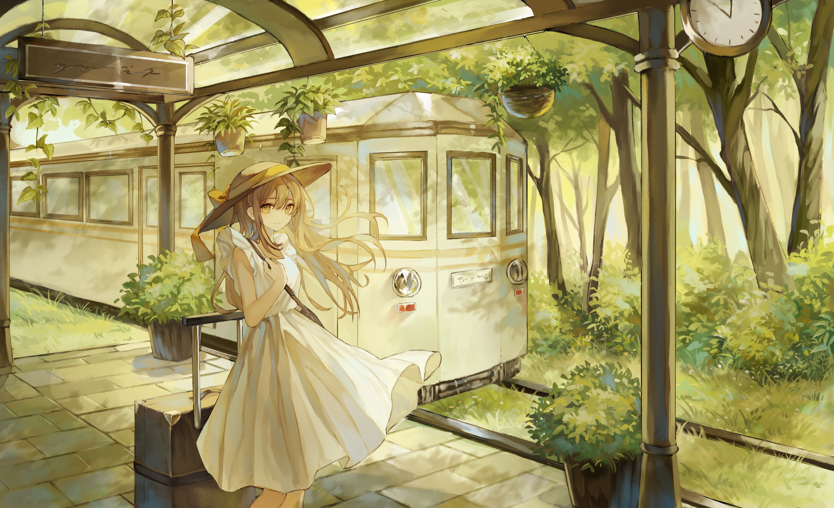 Anime 2927x1782 anime anime girls dress long hair hat looking at viewer train trees grass brunette brown eyes purse clocks leaves digital art