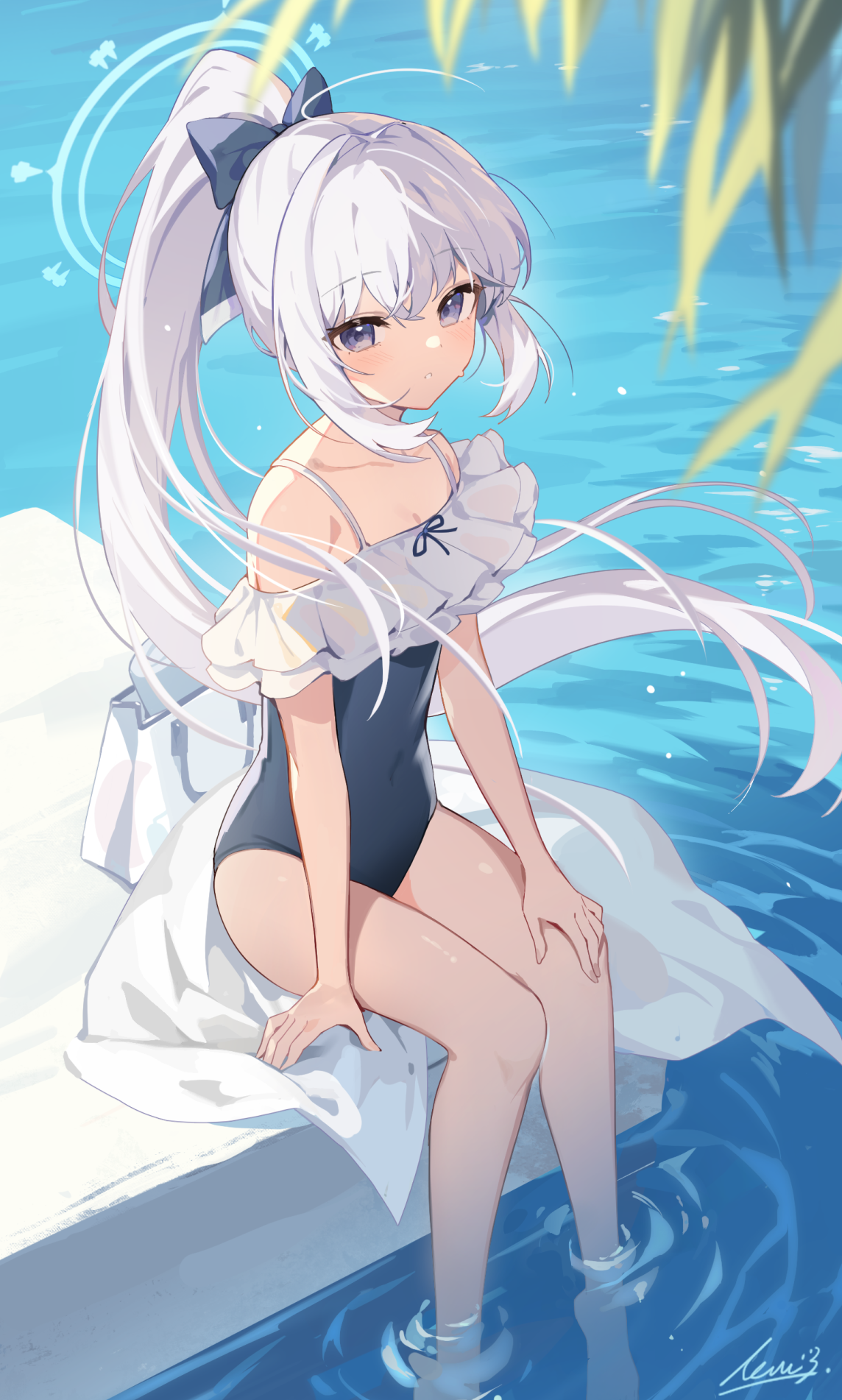 Anime 1144x1902 anime anime girls portrait display ponytail water swimwear one-piece swimsuit long hair looking at viewer leaves watermarked loli