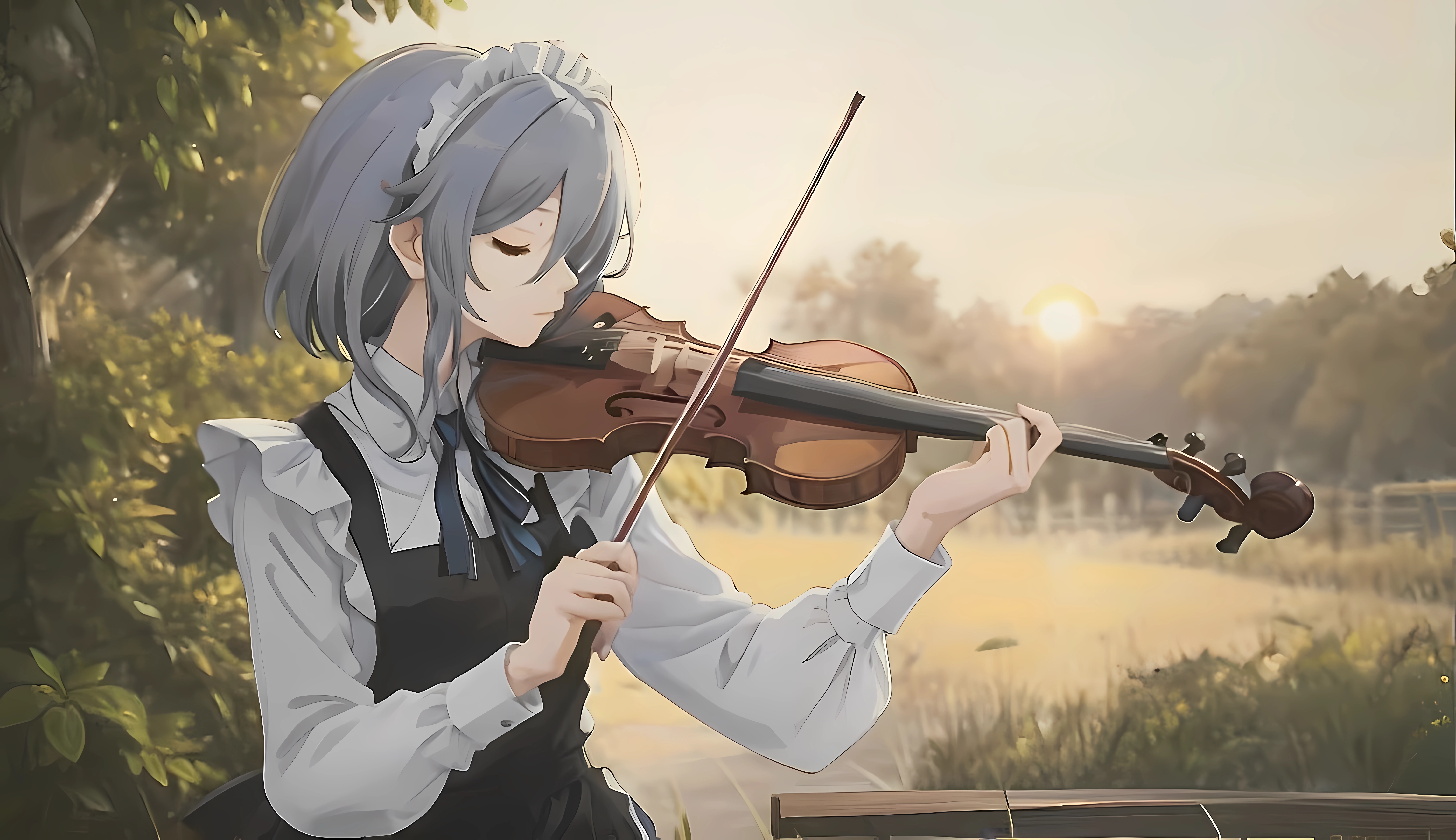 Anime 7488x4320 anime anime girls closed eyes violin musical instrument short hair trees sunset sunset glow bow tie standing leaves AI art maid maid outfit