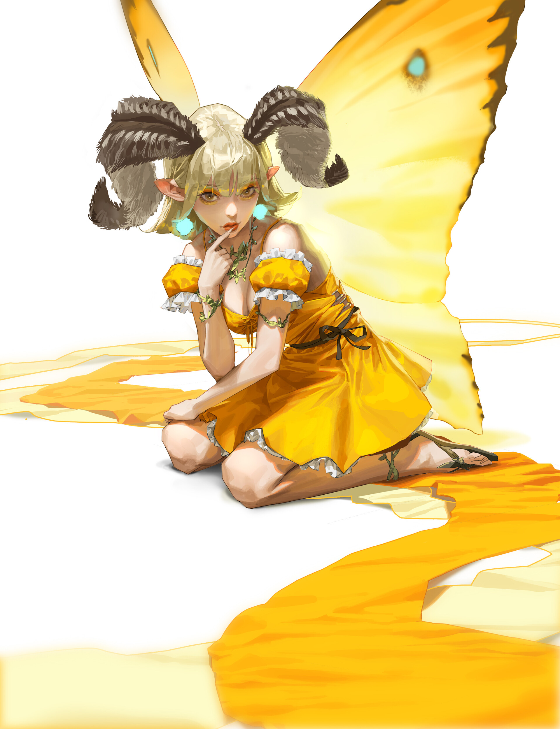 General 1920x2501 Sungmoo Heo drawing women butterfly yellow clothing yellow portrait display horns looking at viewer white background simple background dress