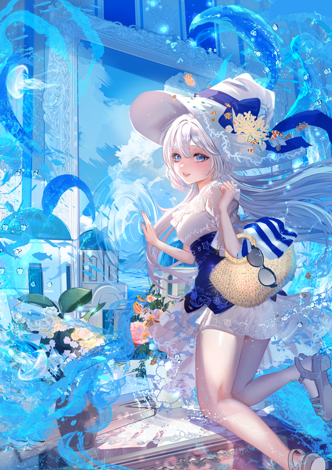 Anime 1059x1500 anime anime girls portrait display dress looking at viewer long hair window white hair blue eyes sunglasses flowers looking back witch hat