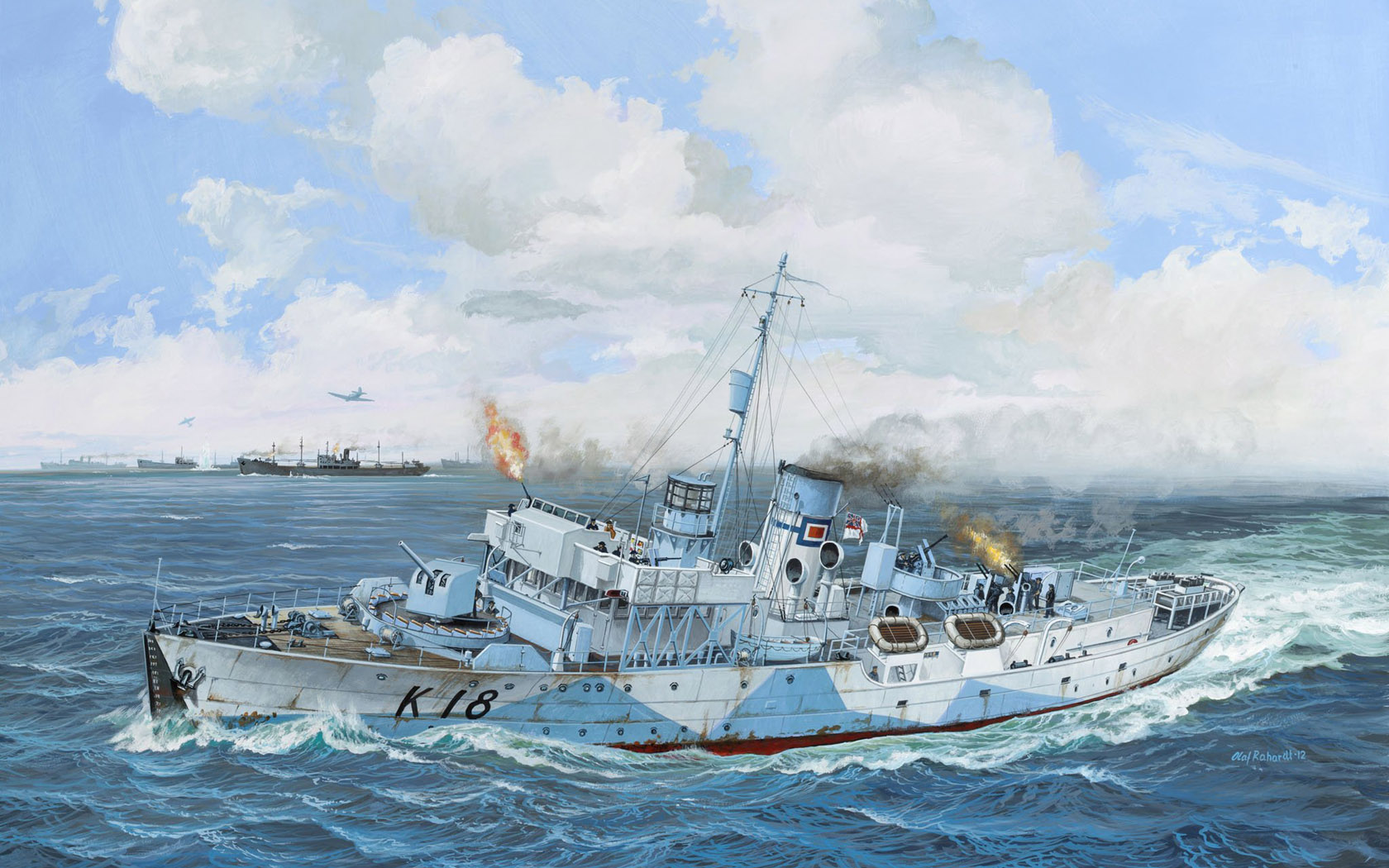 General 1680x1050 warship war sea military military vehicle water waves clouds sky smoke artwork navy Royal Navy signature Olaf Rahardt