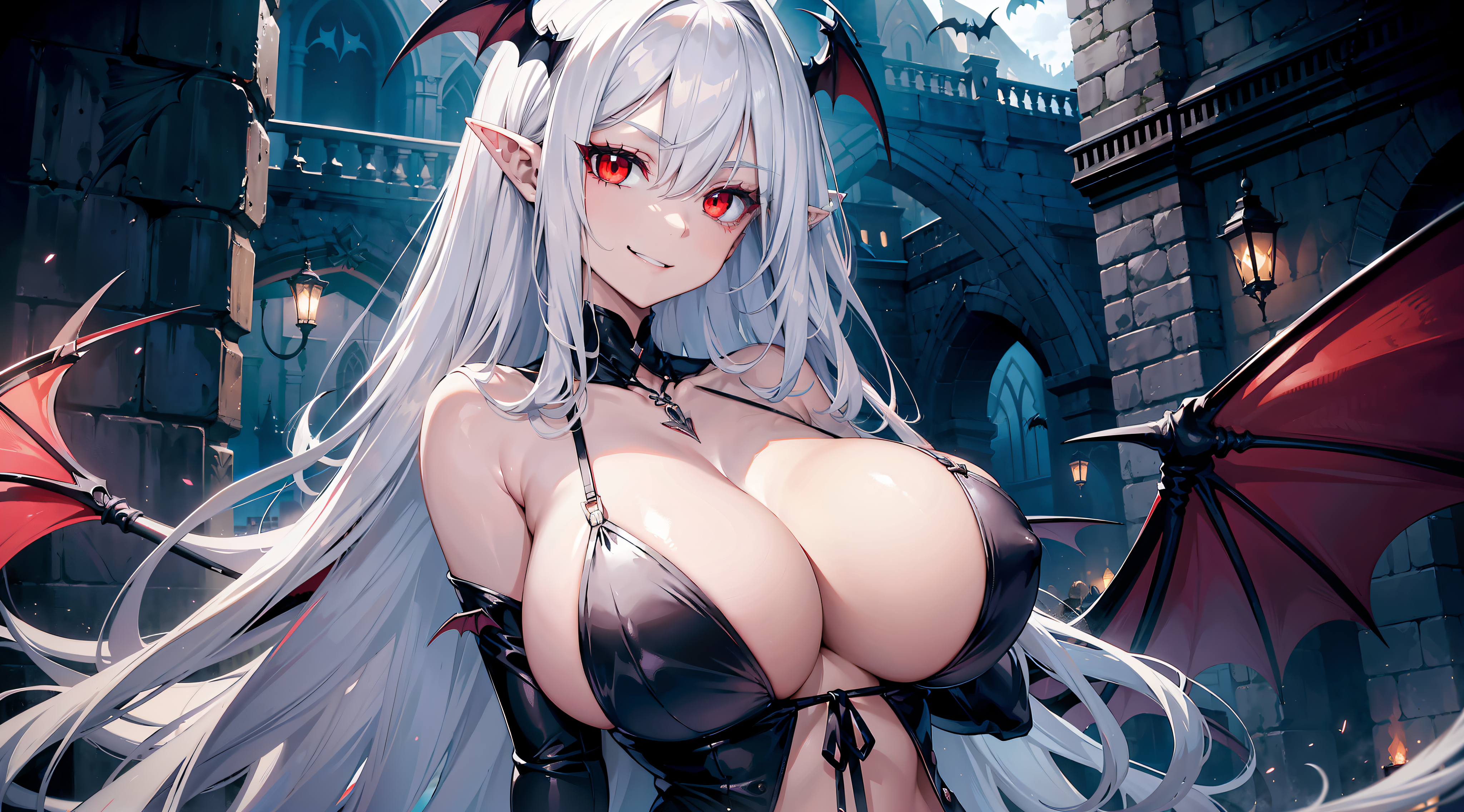 Anime 4096x2272 AI art vampire girl big boobs bursting breasts anime girls pointy ears wings long hair white hair red eyes 4K looking at viewer smiling
