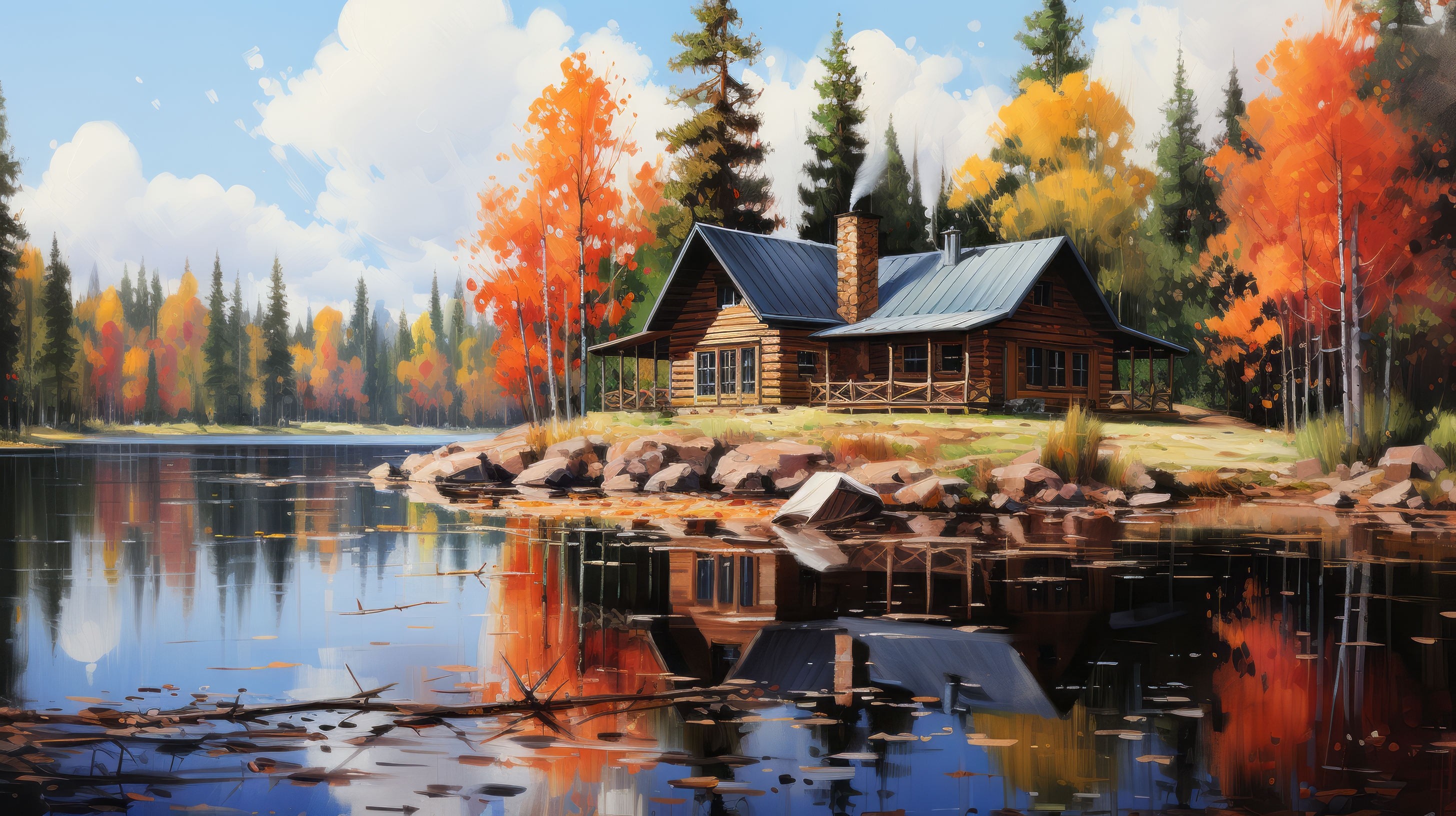 General 2912x1632 AI art illustration fall house painting lake forest wood house digital art water reflection sky clouds trees
