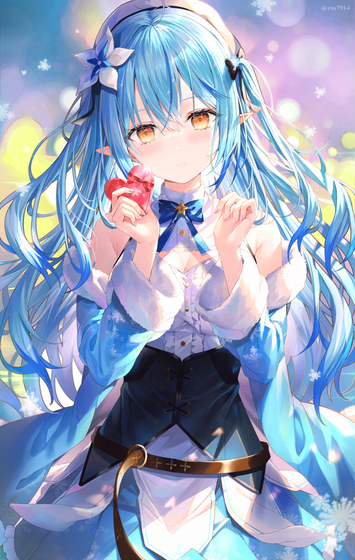 Anime 1219x1925 Pixiv anime Yukihana Lamy Hololive Virtual Youtuber Rin Yuu anime girls portrait display looking at viewer long hair pointy ears bow tie flower in hair blue hair yellow eyes snowflakes standing