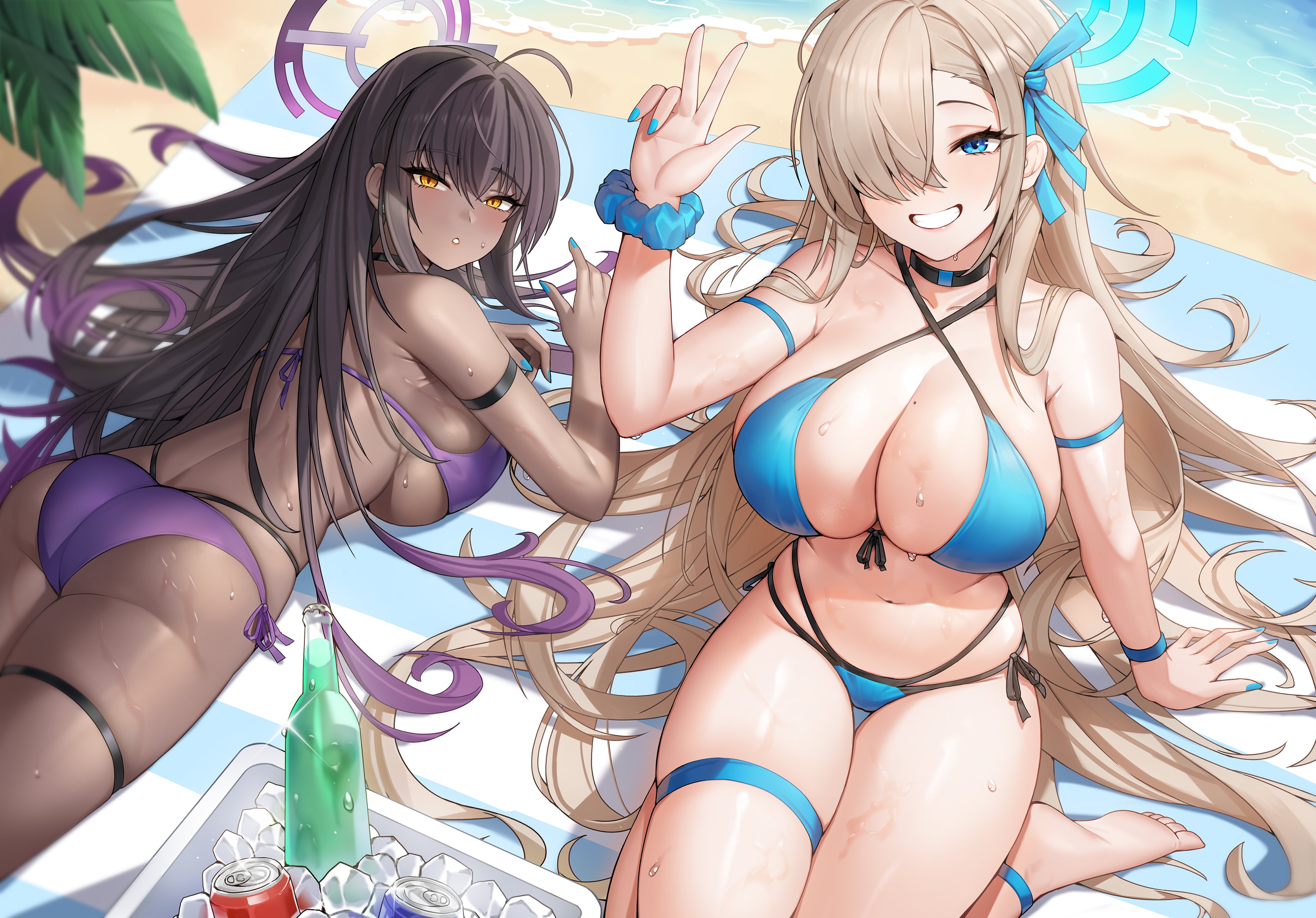 Anime 3729x2602 Blue Archive two women Kakudate Karin beach Asuna Ichinose swimwear big boobs lying on front lying down ass wet wet body hair over one eye long hair sand ice drink can choker blushing gradient hair beach blanket smiling bracelets looking at viewer looking back sunlight water huge breasts sideboob two tone hair morung thigh strap
