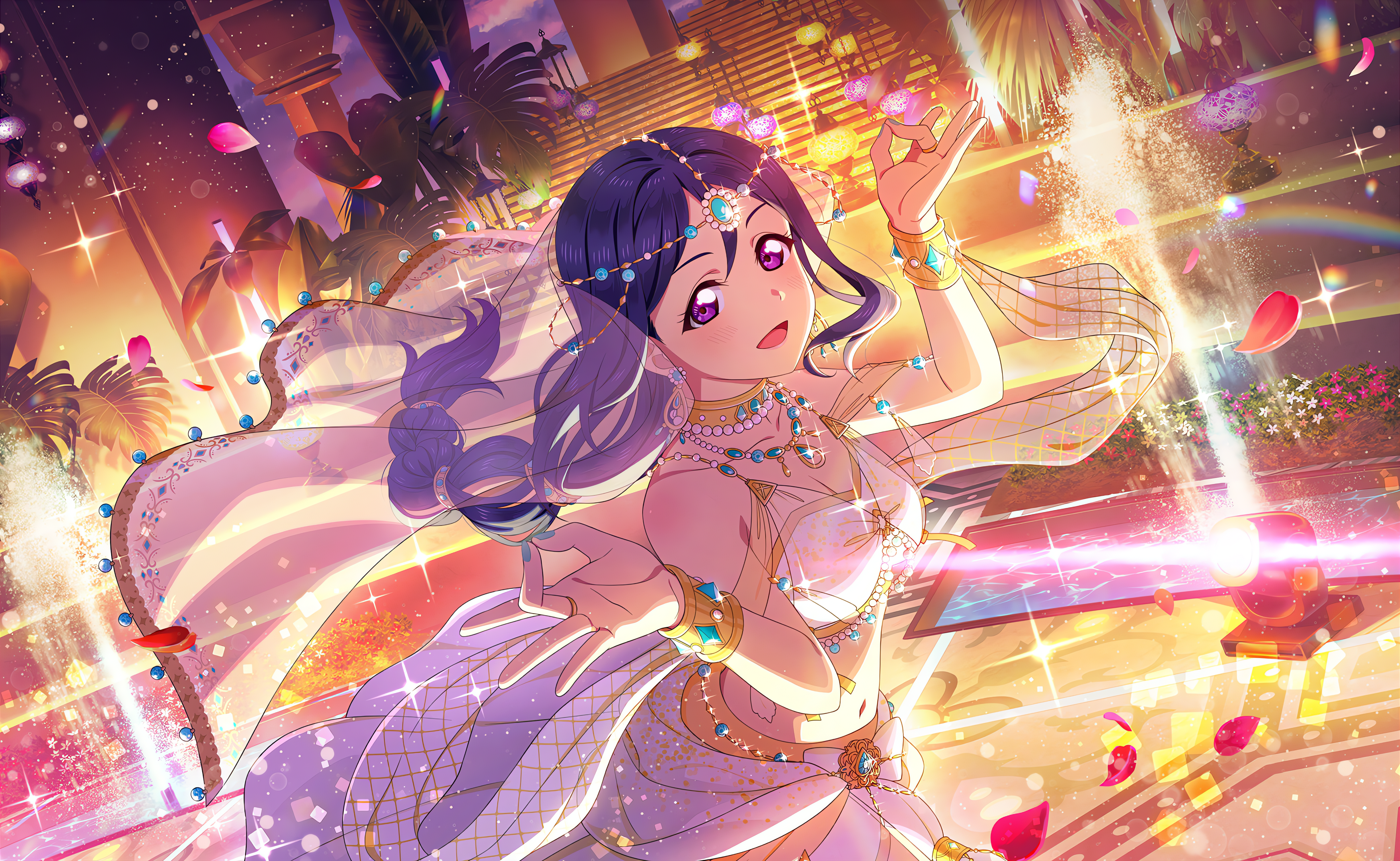 Anime 4096x2520 Matsuura Kanan Love Live! Love Live! Sunshine petals anime anime girls long hair water lights belly belly button standing jewelry necklace earring flowers rings