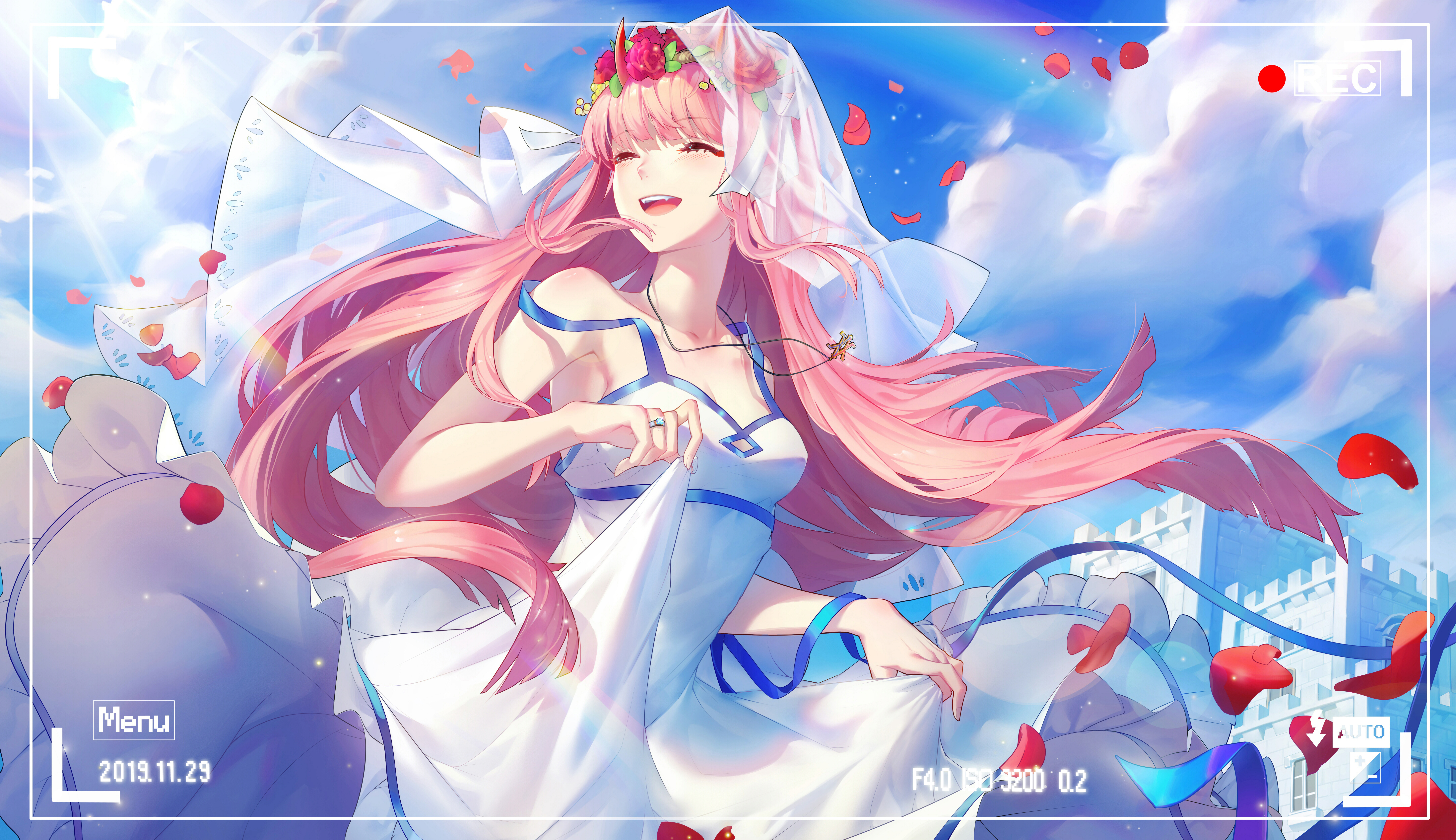 Anime 7302x4211 Darling in the FranXX Zero Two (Darling in the FranXX) anime girls dress wedding dress petals sky clouds sunlight closed eyes long hair rainbows camera building hair blowing in the wind pink hair