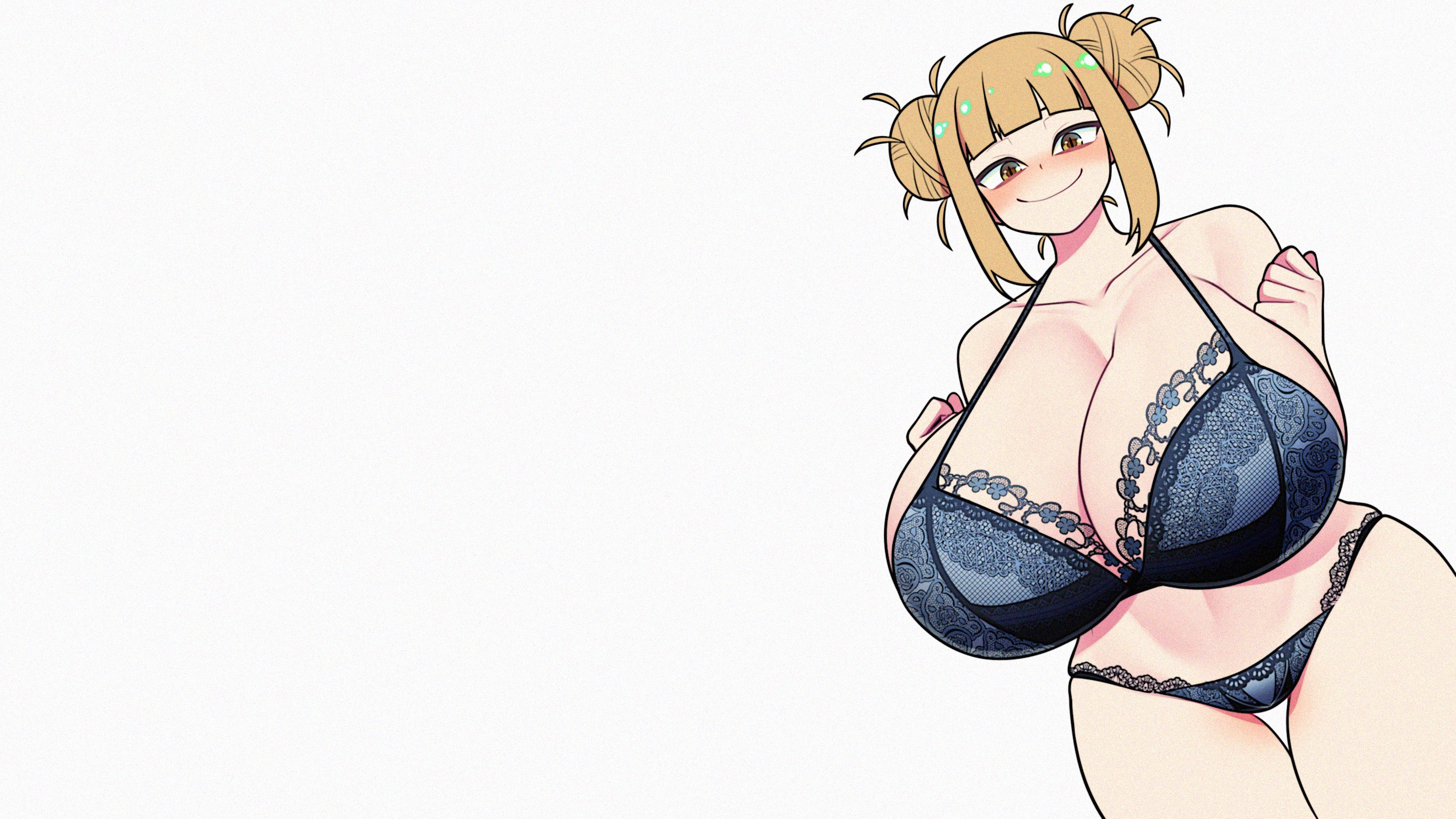 Anime 2844x1600 anime anime girls mature body wide hips thighs blushing underwear ecchi boobs big boobs huge breasts lingerie Himiko Toga minimalism hairbun white background simple background looking at viewer cleavage smiling