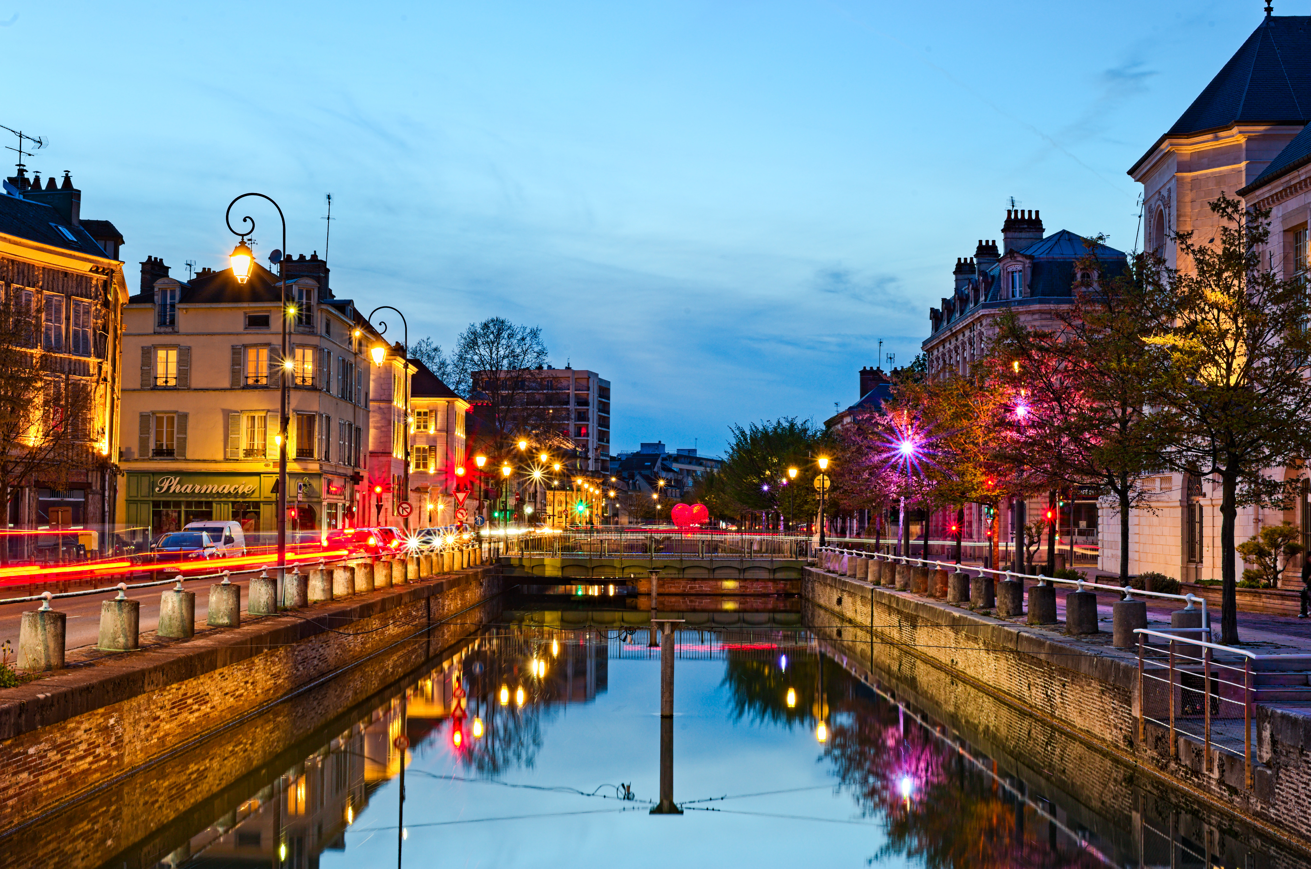 General 4276x2836 photography long exposure city lights evening water France street light city street canal reflection lamp road sign building sky