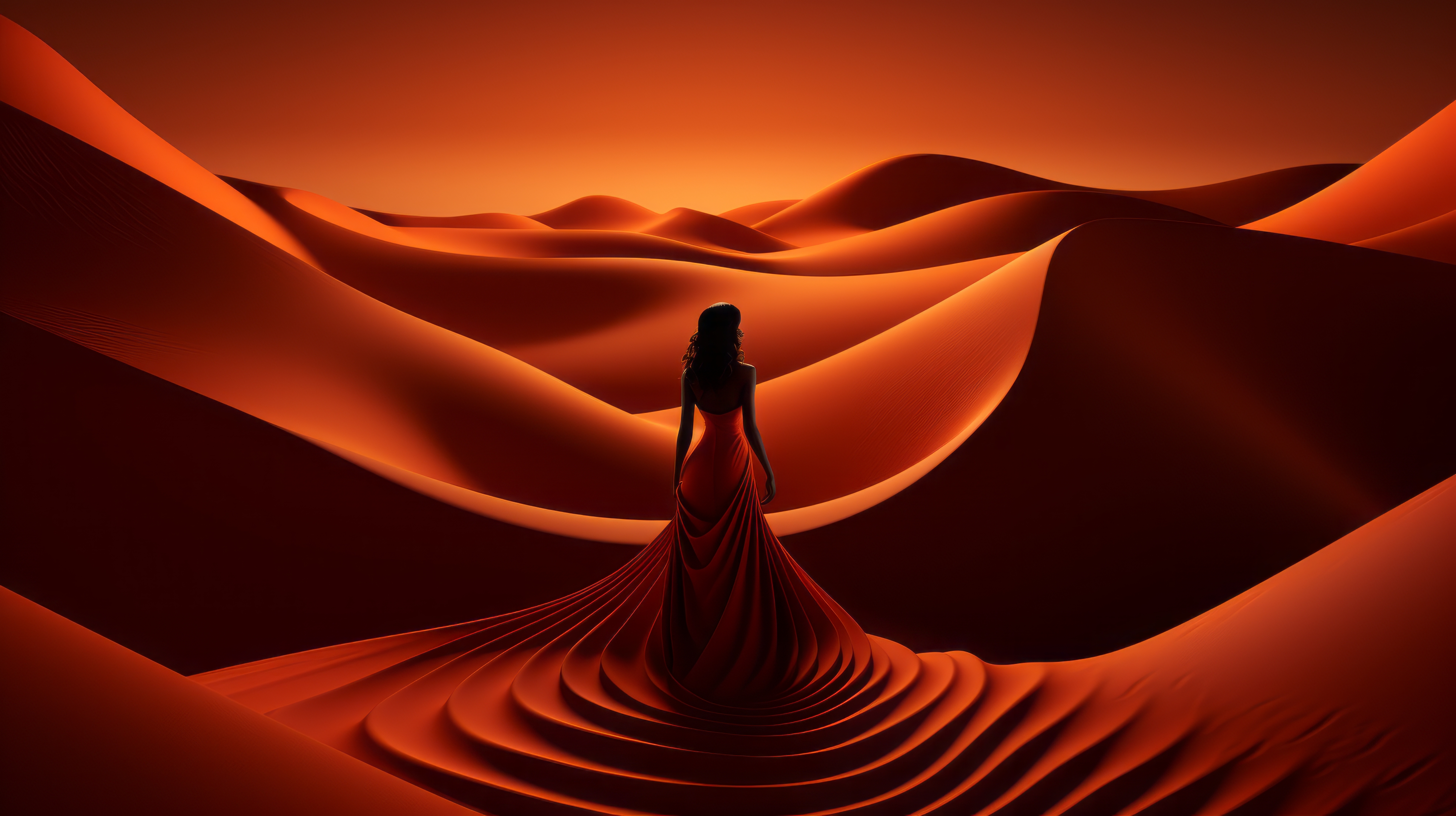 General 3860x2163 AI art red dunes sand dress women standing
