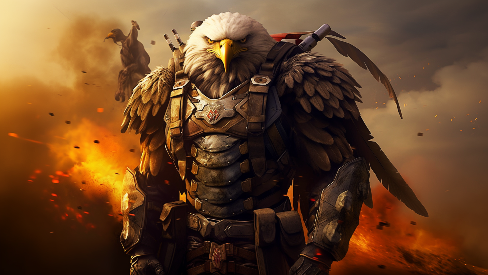 General 1920x1080 AI art eagle armor soldier digital art looking at viewer standing simple background minimalism fire
