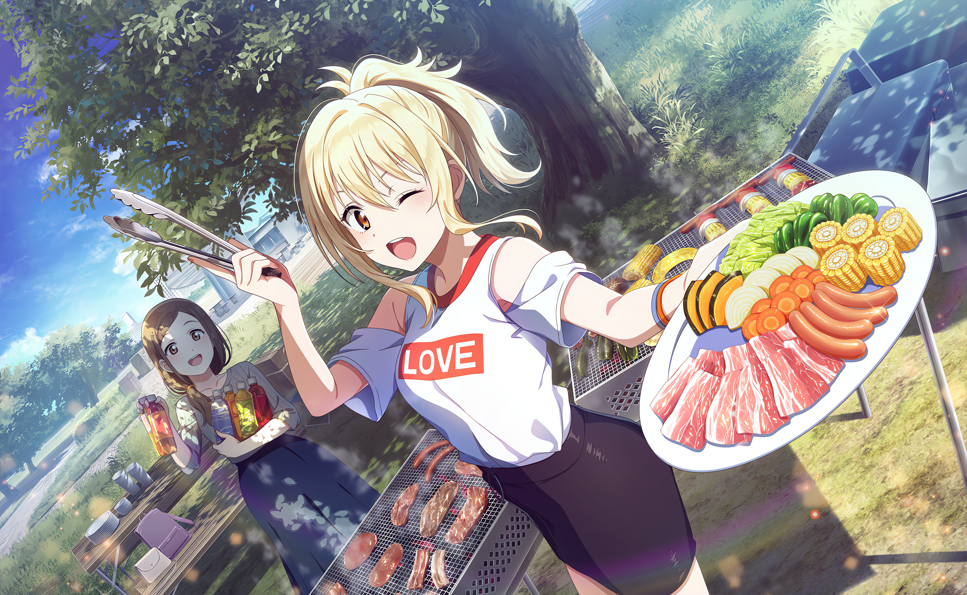 Anime 4096x2520 Miyashita Ai Love Live! Love Live! Nijigasaki High School Idol Club anime anime girls food one eye closed looking at viewer ponytail sky clouds grass plates cooking sunlight rainbows drink purse