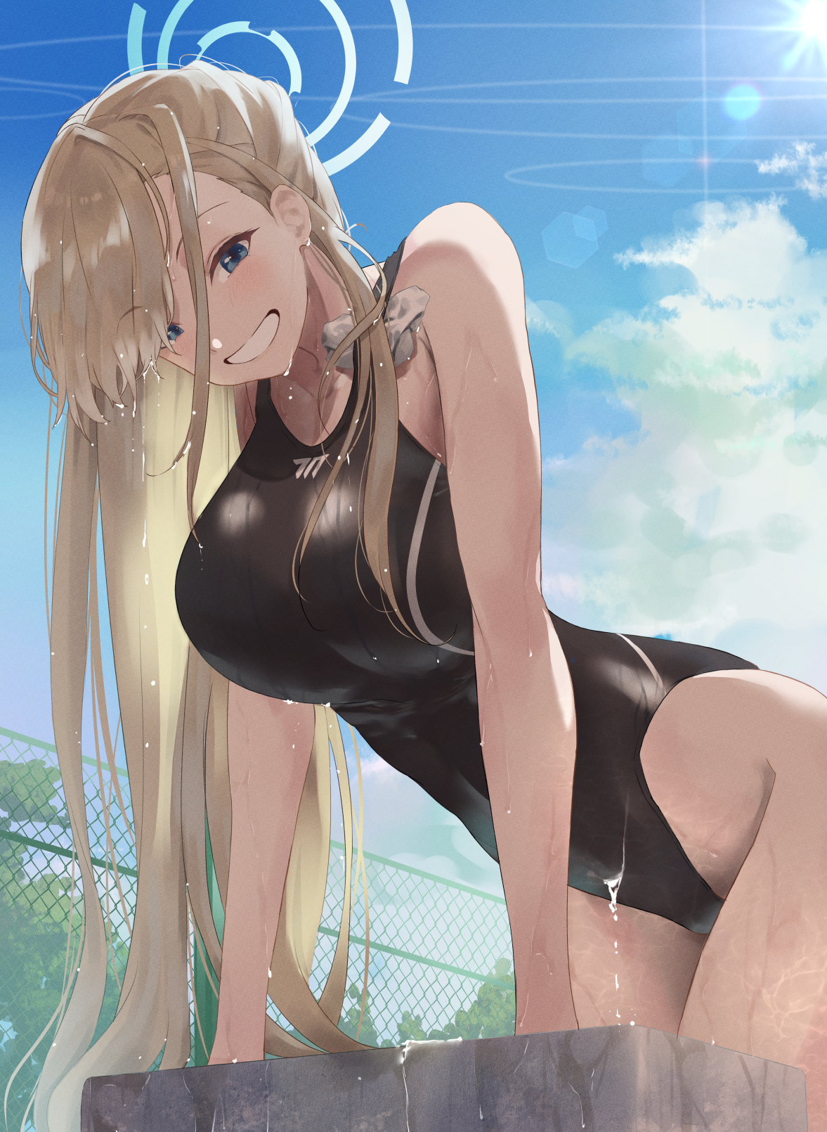Anime 1177x1610 Blue Archive wet swimsuit anime girls portrait display Asuna Ichinose clouds one-piece swimsuit water black swimsuit big boobs competition swimsuit wet wet hair women outdoors bent over long hair blue eyes blushing blonde water drops sunlight outdoors sky swimwear smiling lens flare fence hair over one eye