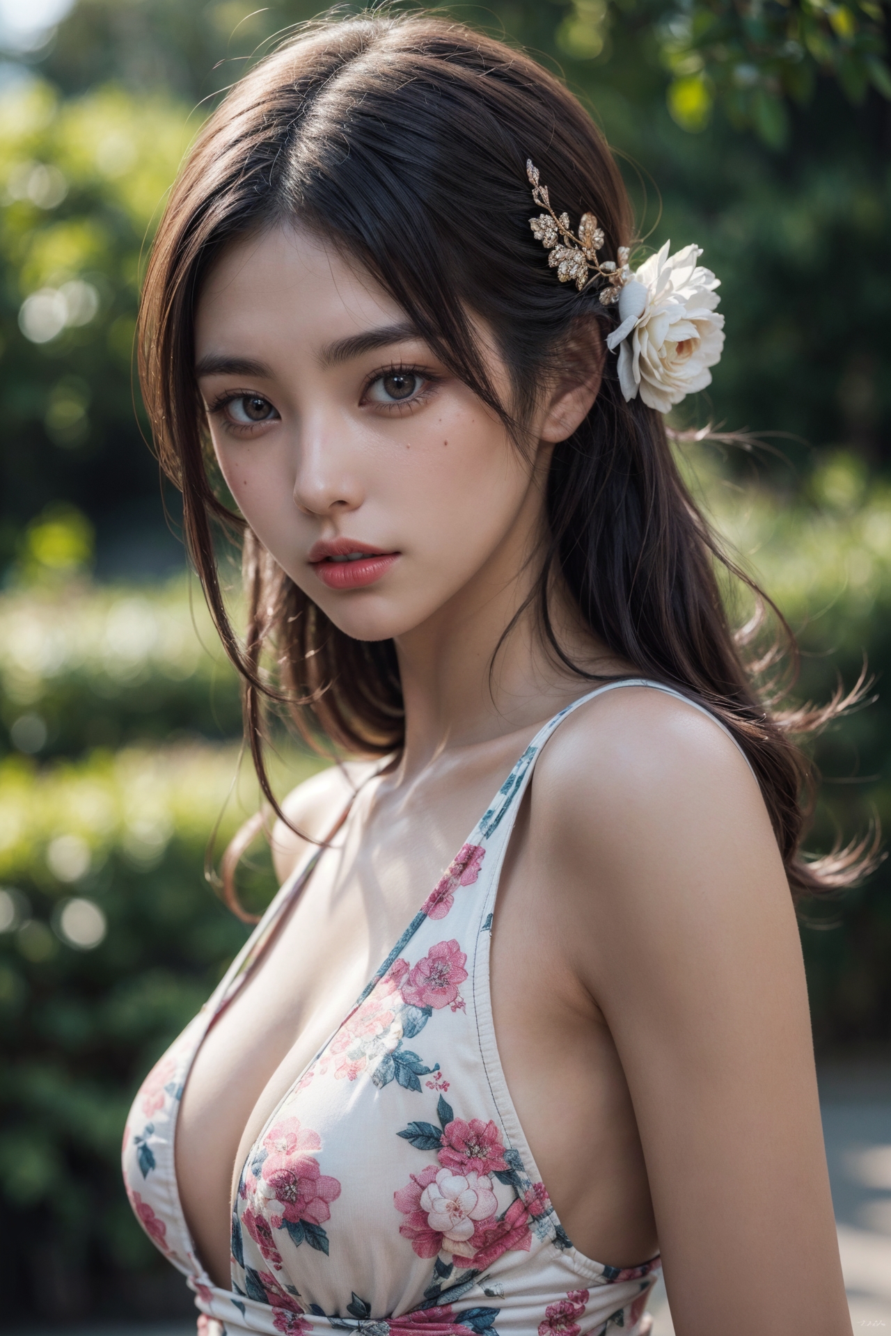 General 1280x1920 women brunette outdoors flower dress flowers looking at viewer Stable Diffusion AI art portrait portrait display blurred blurry background Asian long hair flower in hair digital art