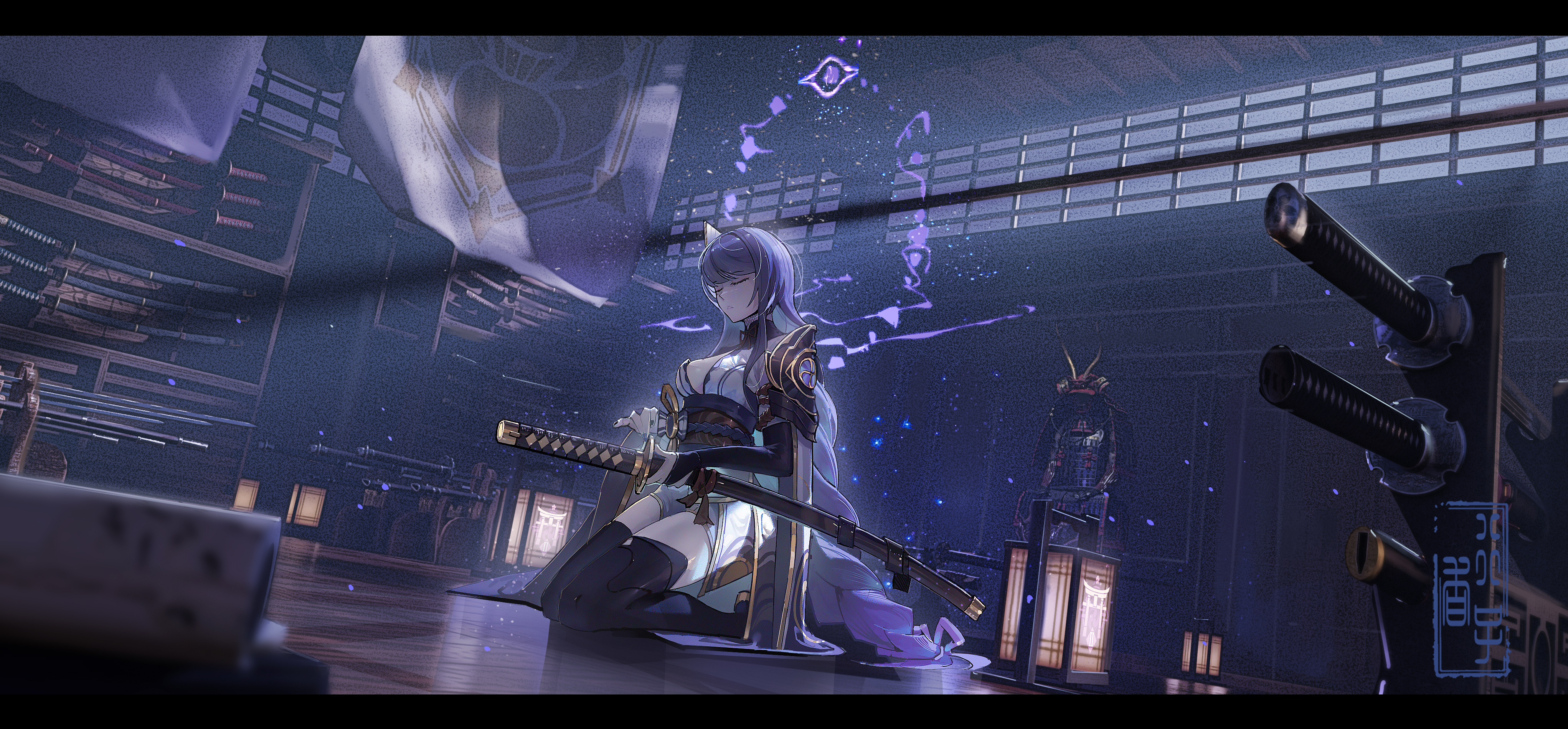 Anime 4086x1900 anime anime girls sword purple hair thigh high boots ribbon Genshin Impact Raiden Shogun (Genshin Impact)