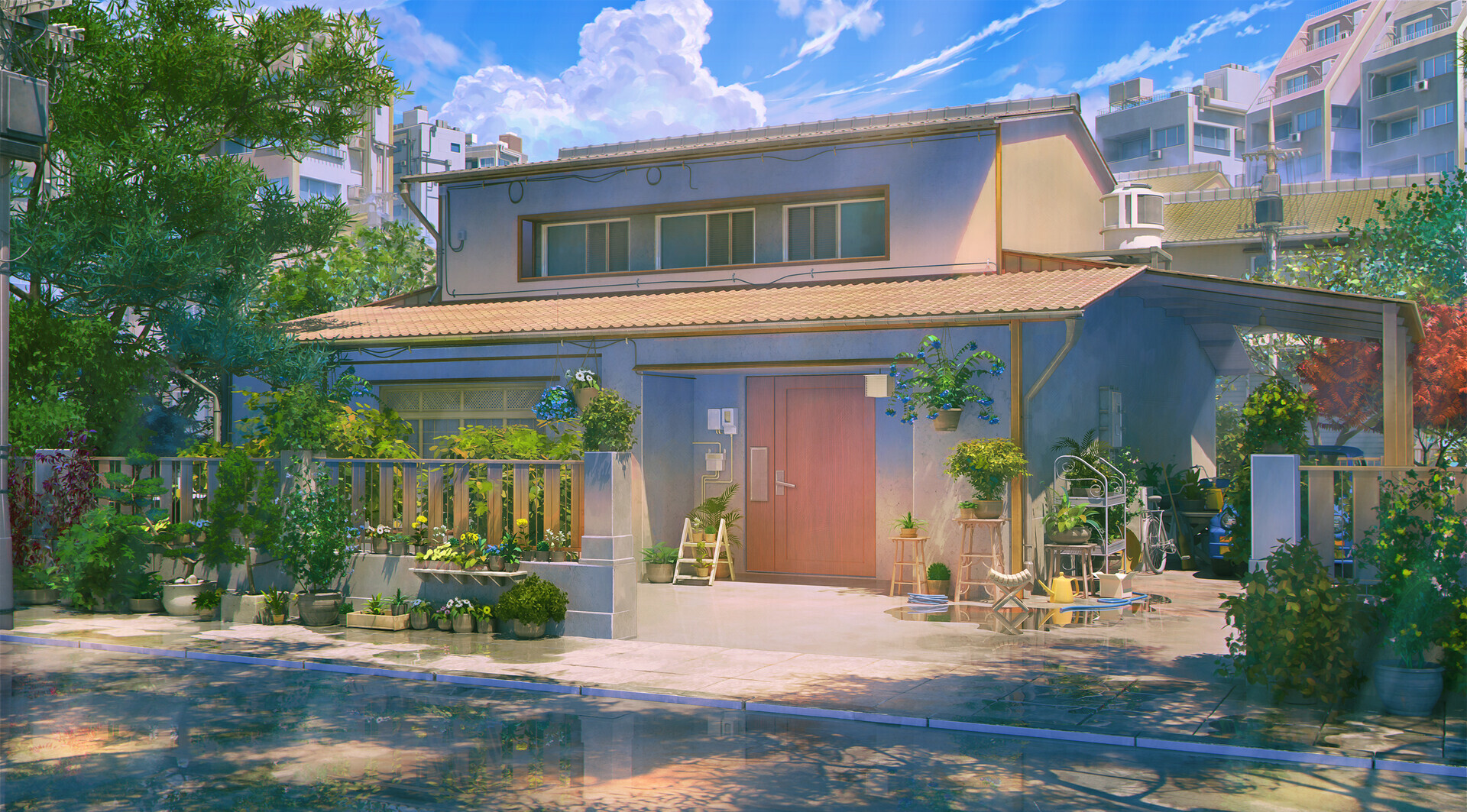 Anime 1920x1063 anime artwork house sky clouds trees plants digital art car bicycle pot (tools) flowerpot road apartments pipes water