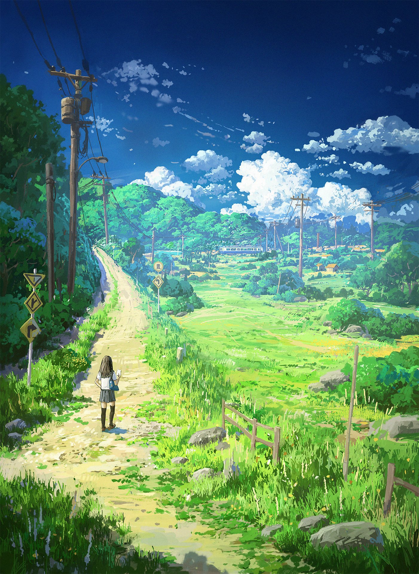 Anime 1402x1920 Cyclecircle outdoors cumulus schoolgirl school uniform path grass power lines road sign bushes clouds wood fence sky plants trees