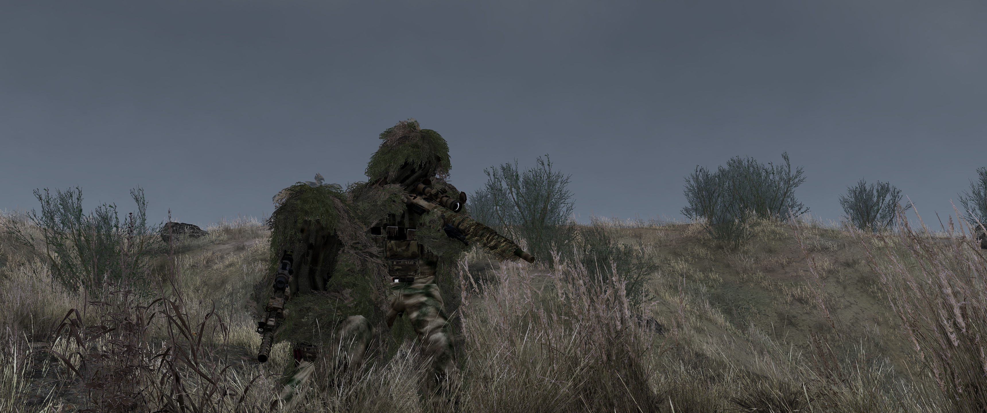 General 3440x1440 Arma 3 video games soldier snipers ghillie suit camouflage M40A5 M4A1 holding gun screen shot modding suppressors sniper rifle assault rifle military faceless