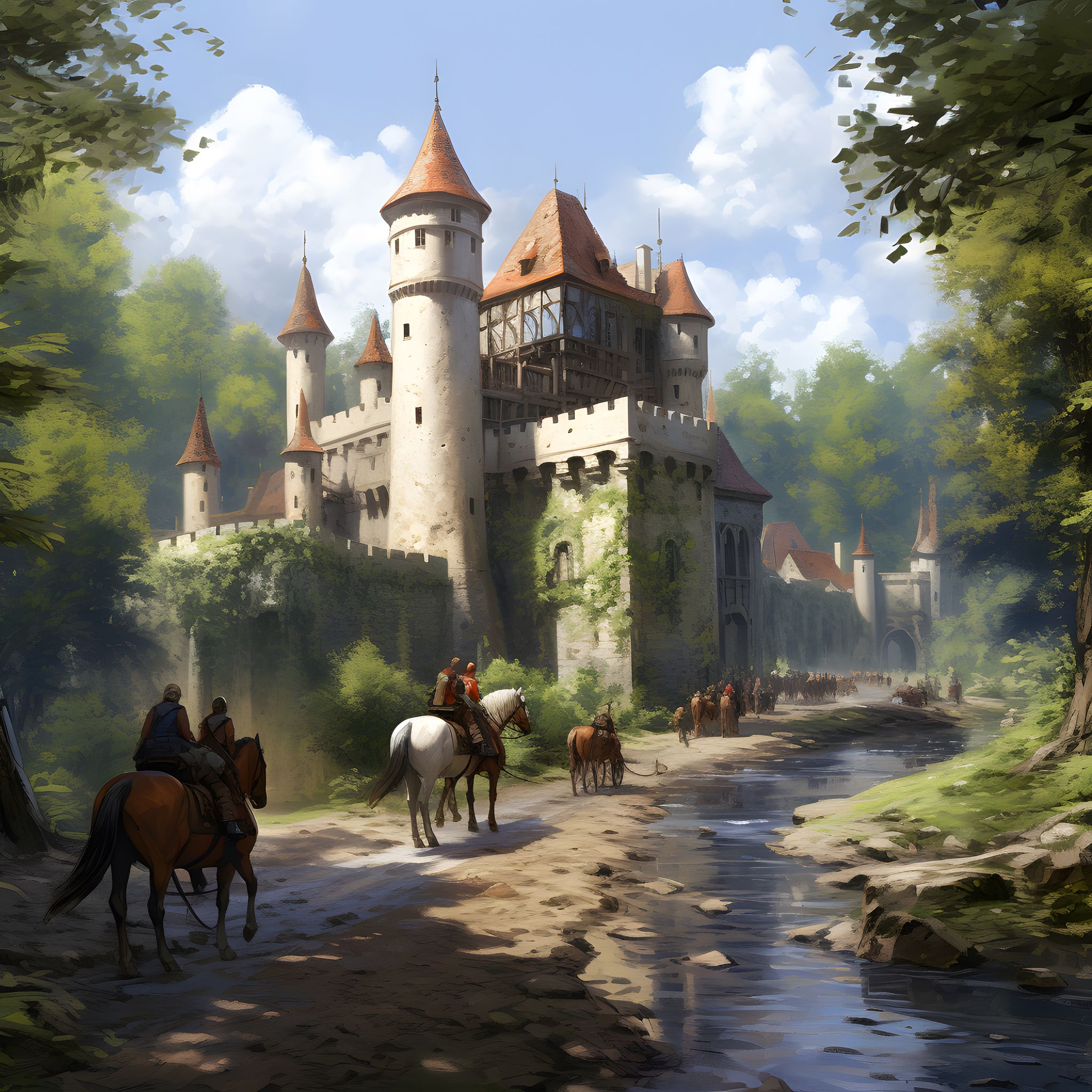 General 2048x2048 fantasy art stream fantasy castle forest horse upscaled AI art