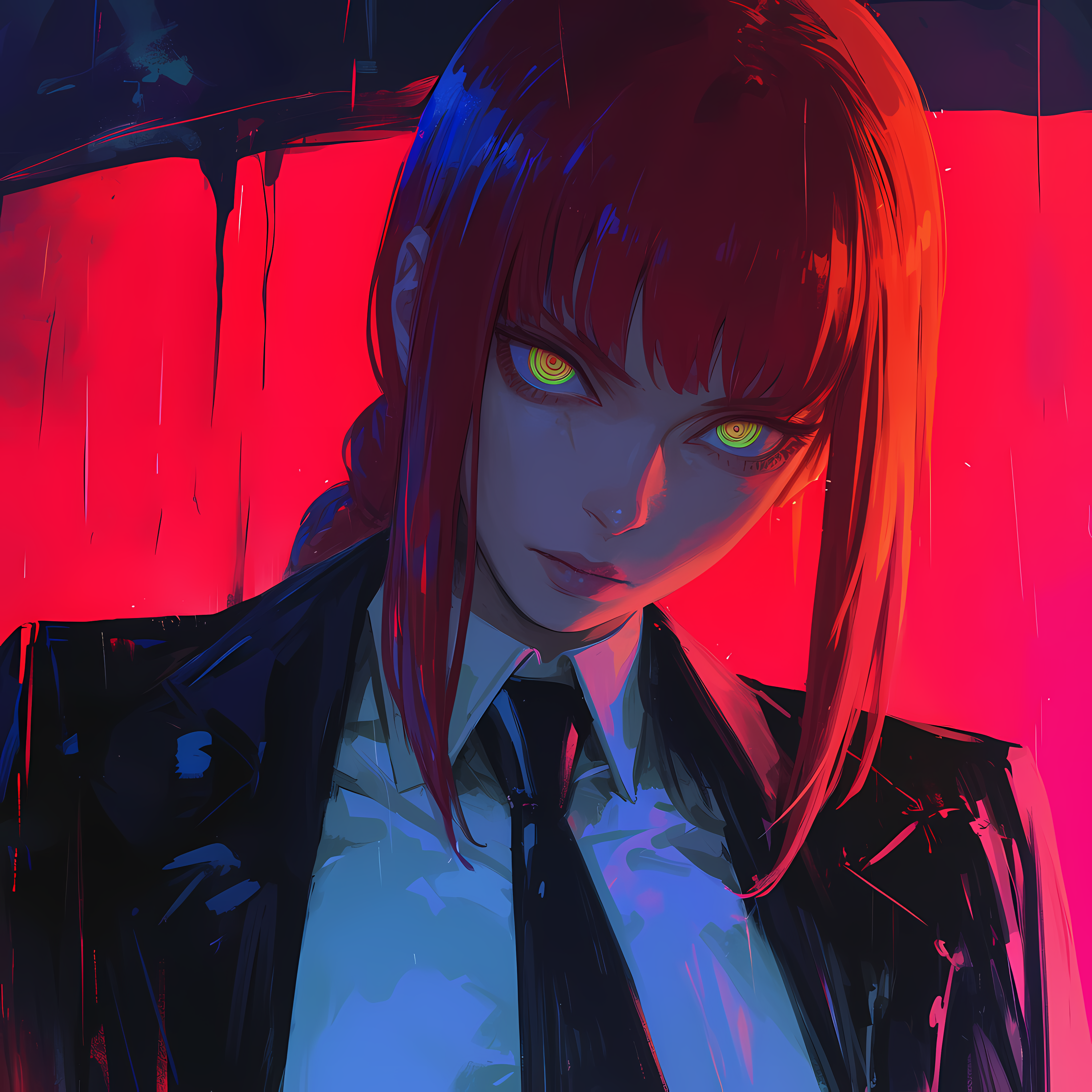 Anime 4096x4096 Makima (Chainsaw Man) red background AI art Chainsaw Man redhead ringed eyes closed mouth necktie looking at viewer suit and tie anime girls long hair sidelocks