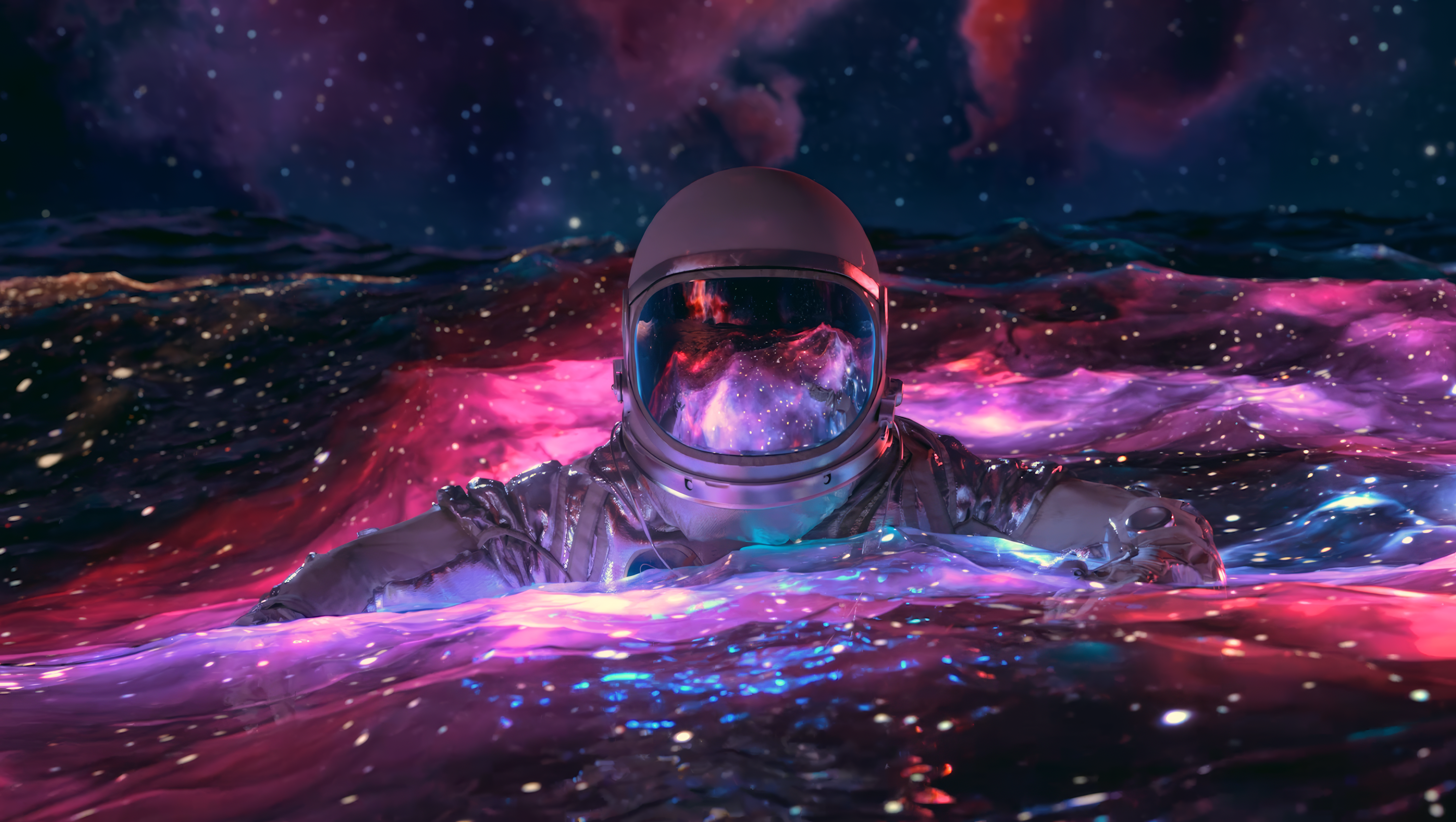 General 4614x2607 colorful space reflection visualdon astronaut nebula water digital art