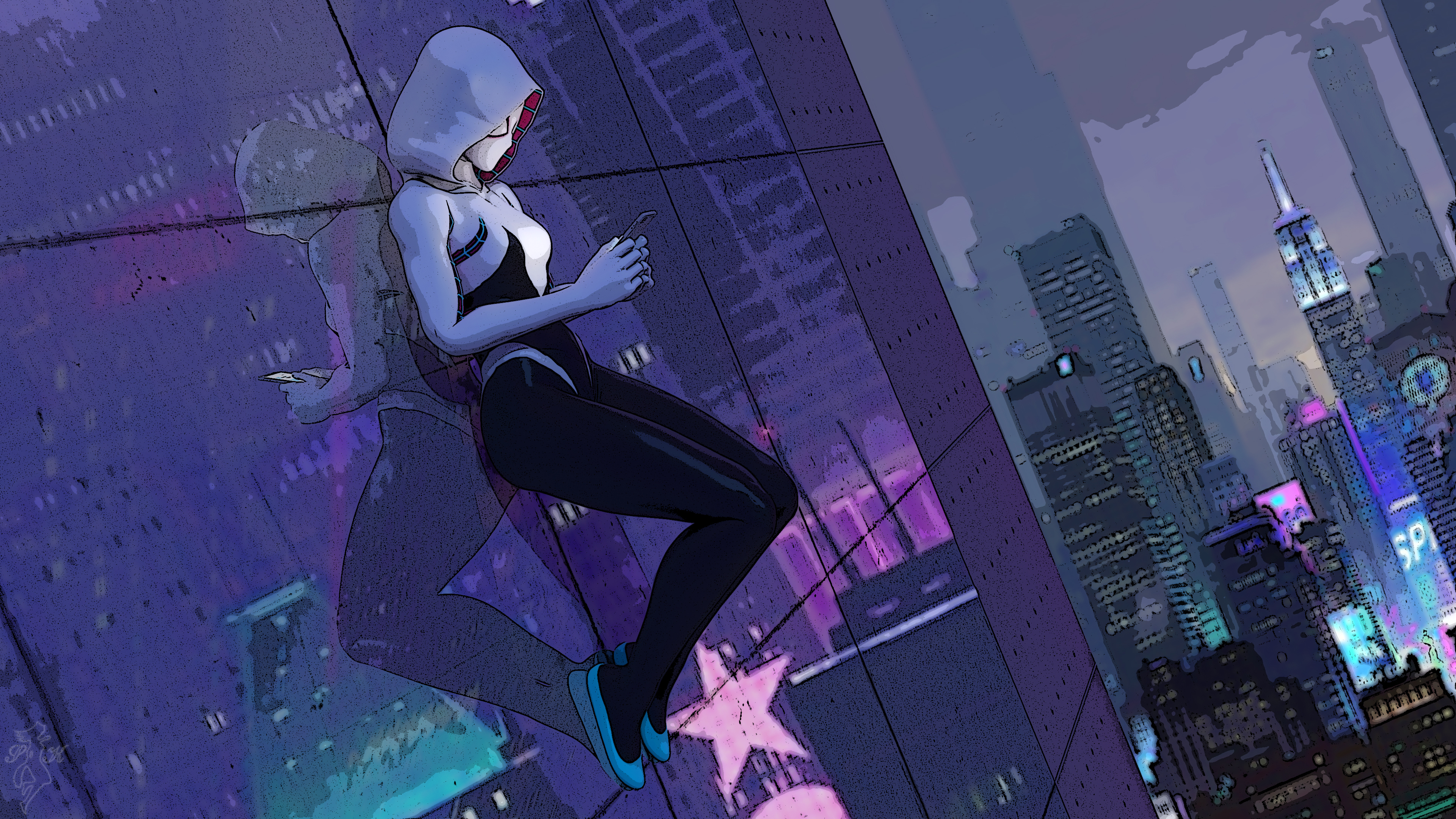 General 3840x2160 Spider-Woman Ghost Spider phone tight clothing digital art Gwen Stacy Spider Gwen holding phone building looking at smartphone city reflection against glass hoods city lights night Marvel Comics superheroines skyscraper