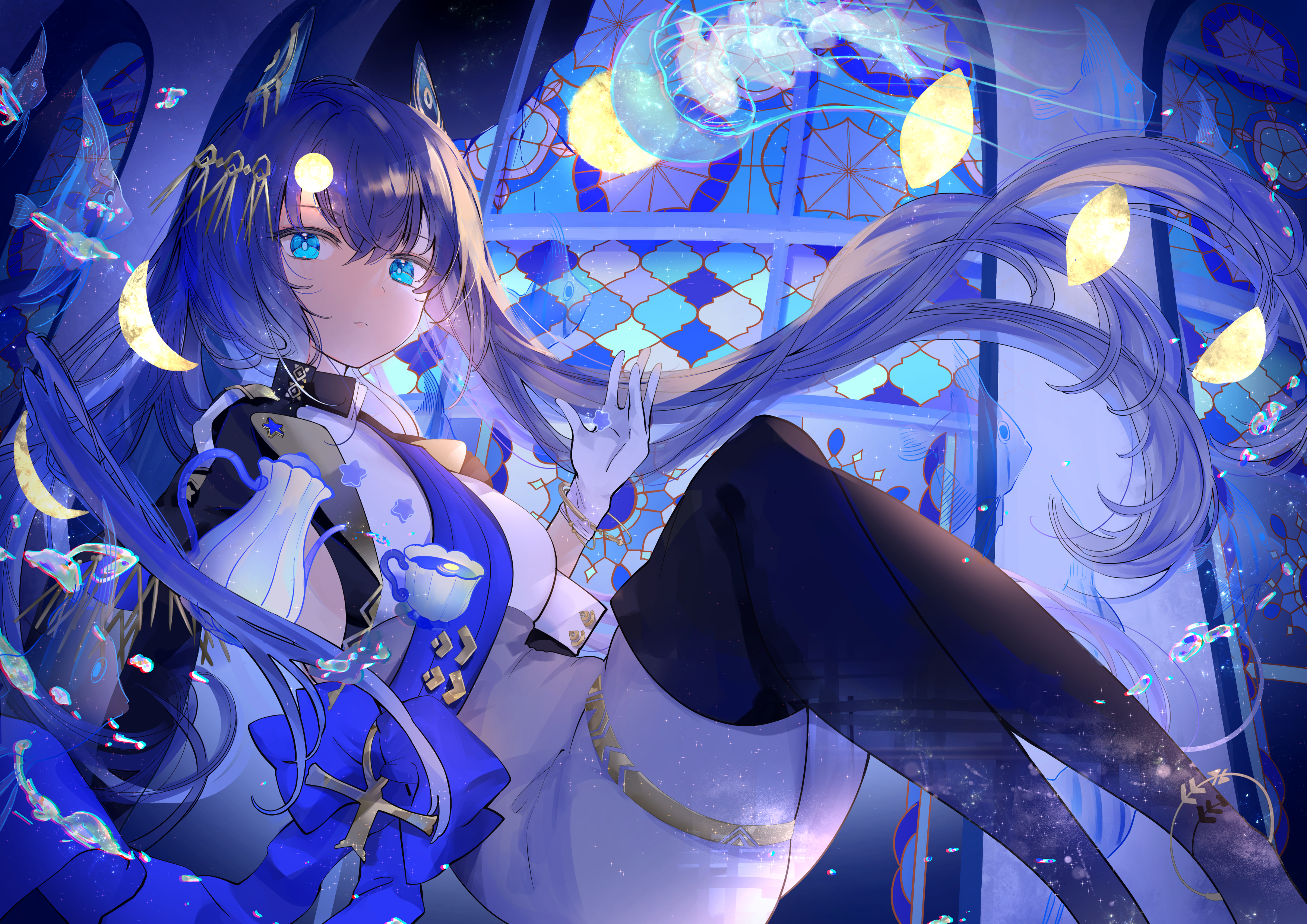 Anime 3508x2481 anime anime girls buryuren looking at viewer hair between eyes long hair white gloves closed mouth blue hair bent legs leg ring skindentation original characters thighs cup drink tea underwater in water hair ornament bubbles animals fish horns Moon black thigh highs thigh-highs aqua eyes gloves