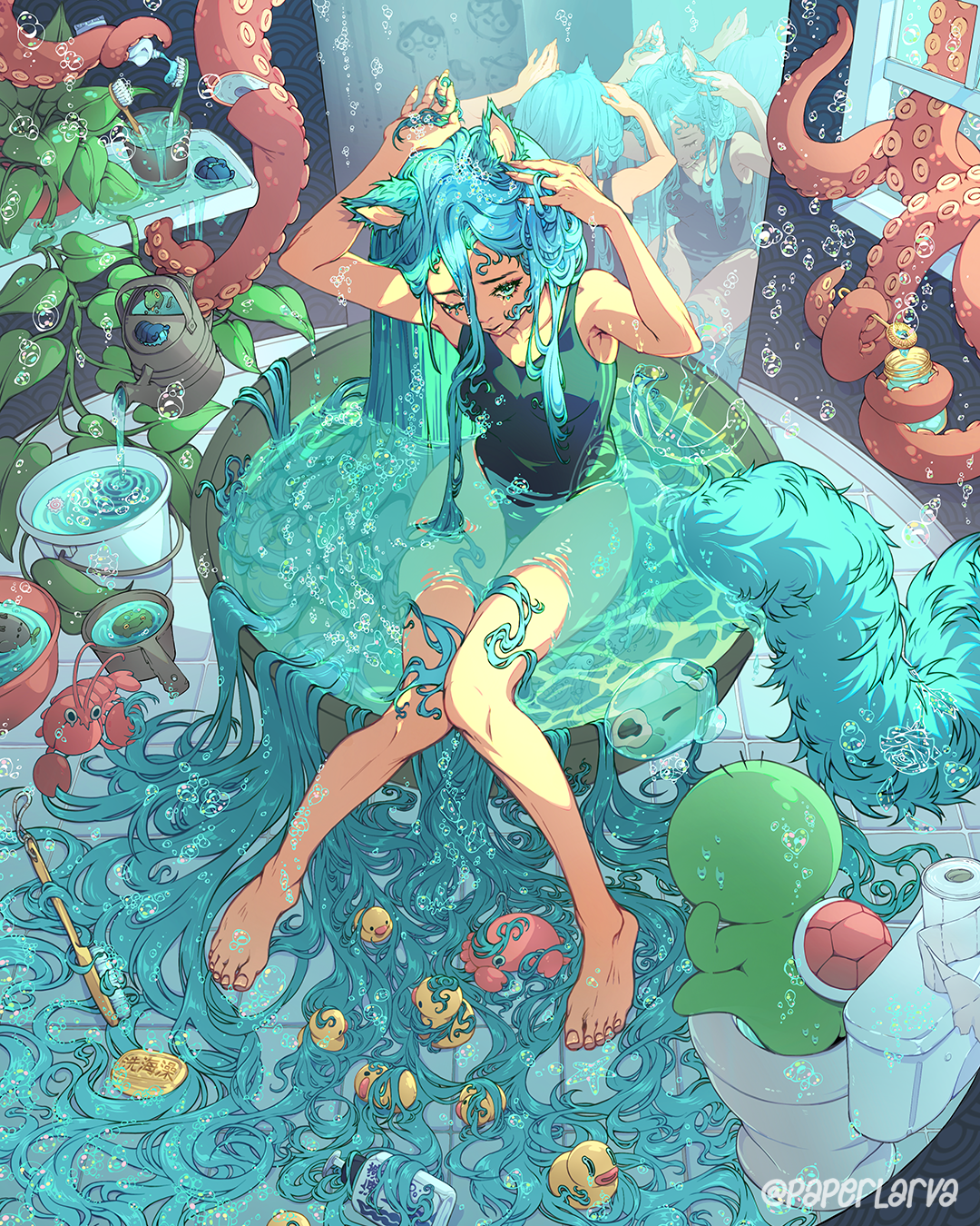 Anime 1080x1350 Paperlarva high angle portrait display long hair one-piece swimsuit water one eye closed barefoot in bathroom reflection animal ears rubber ducks tentacles blue hair women indoors bath crabs watermarked swimwear animals wet body bubbles